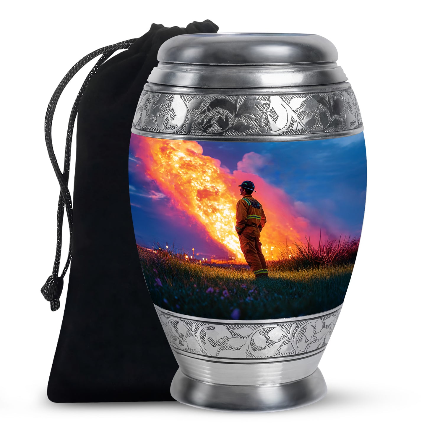 Dusty Blue Firefighter Cremation Urn back view with polished surface - ornate monarch-style firefighter relief on brushed aluminum - full-size 10 inch 200 cubic inch adult cremation urn