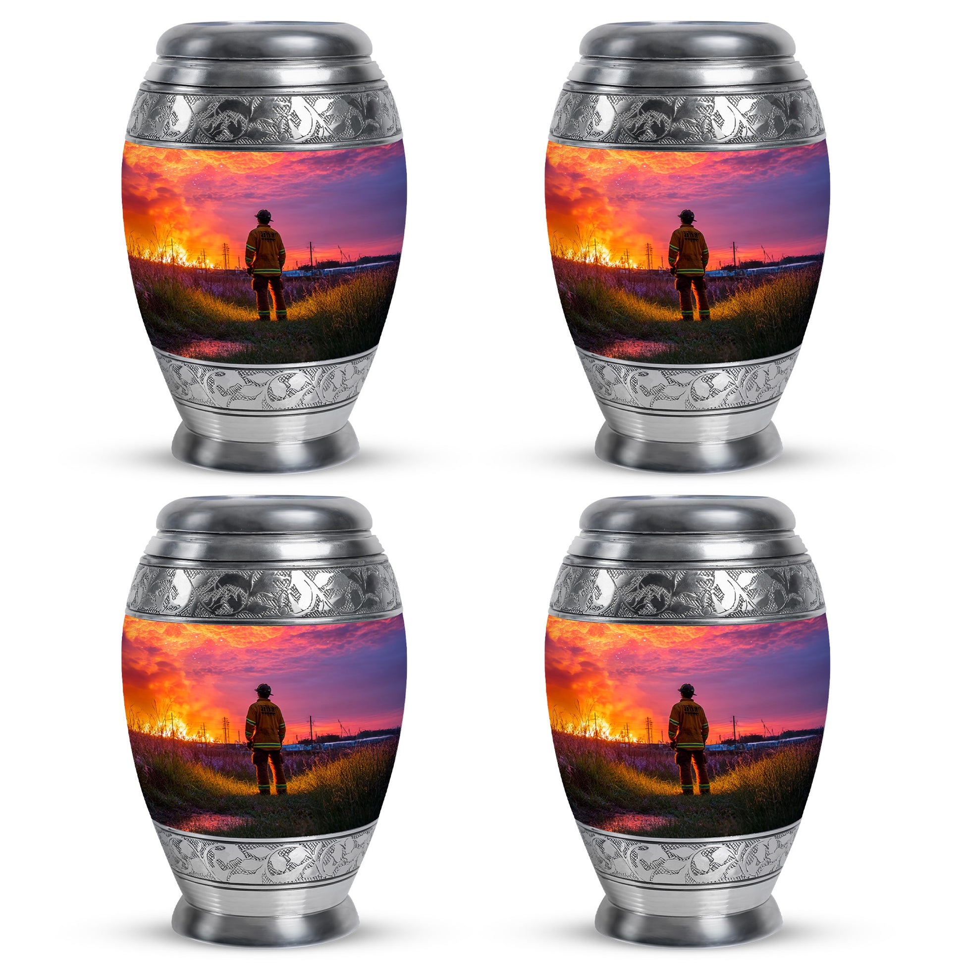Twilight Purple Firefighter Cremation Urn urn with complimentary velvet bag - royal firefighter engraving with decorative scrollwork - 10 inch aluminum urn for cremated remains