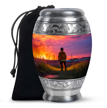 Lavender Purple Firefighter Cremation Urn back view with polished surface - majestic firefighter pattern with filigree border - full-size 10 inch 200 cubic inch adult cremation urn