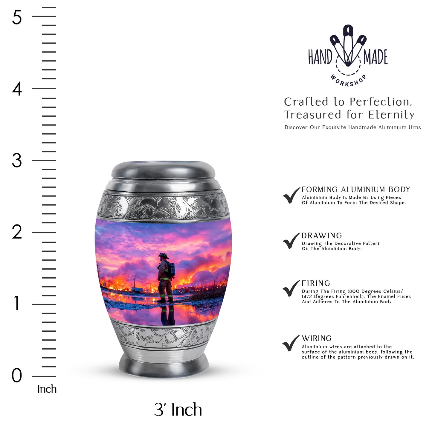 Misty Blue Firefighter Cremation Urn lifestyle display on memorial shelf - ornate monarch-style firefighter relief on brushed aluminum - mini keepsake memorial for portion of cremation ashes