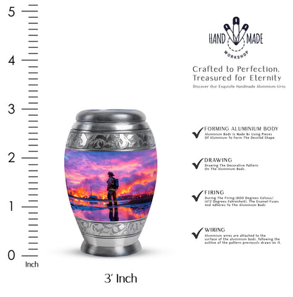 Misty Blue Firefighter Cremation Urn lifestyle display on memorial shelf - ornate monarch-style firefighter relief on brushed aluminum - mini keepsake memorial for portion of cremation ashes