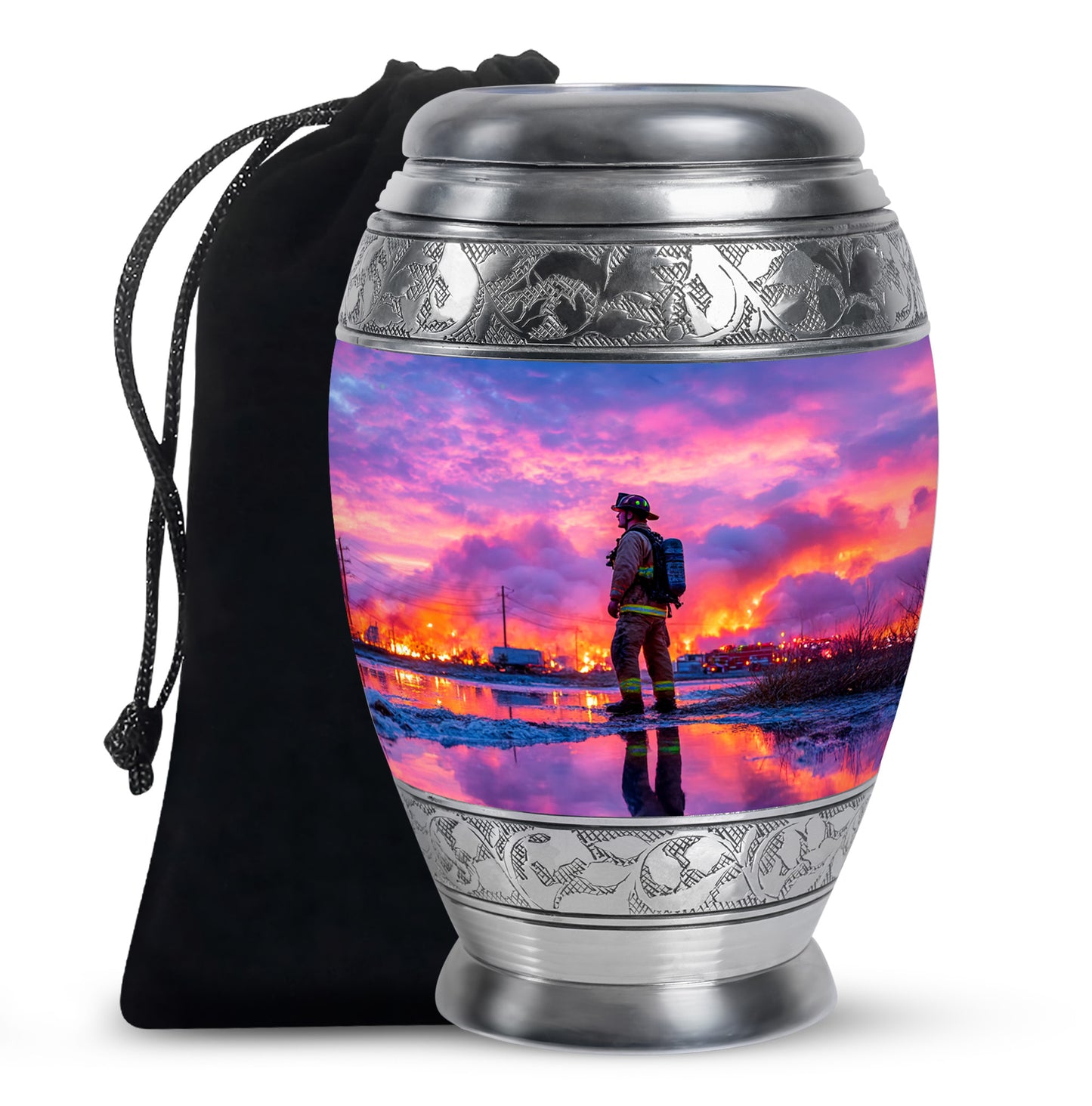 Misty Blue Firefighter Cremation Urn back view with polished surface - ornate monarch-style firefighter relief on brushed aluminum - full-size 10 inch 200 cubic inch adult cremation urn
