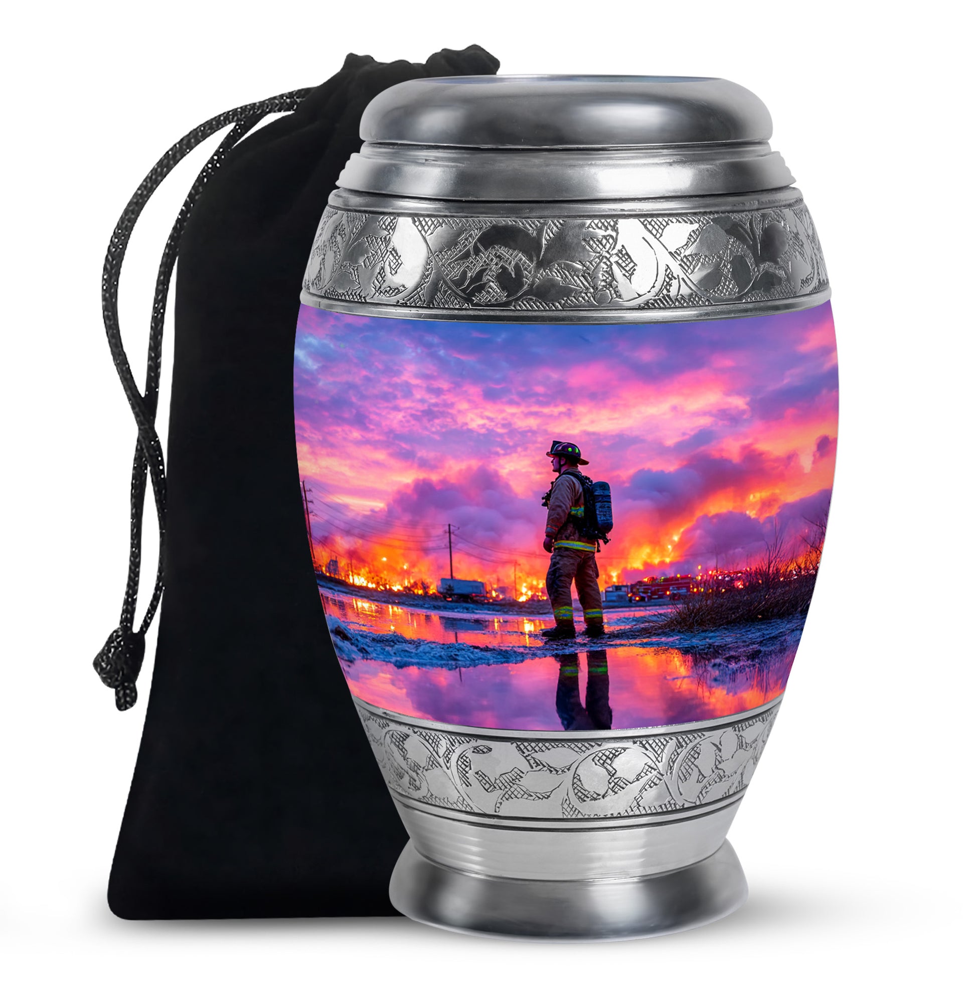 Misty Blue Firefighter Cremation Urn back view with polished surface - ornate monarch-style firefighter relief on brushed aluminum - full-size 10 inch 200 cubic inch adult cremation urn