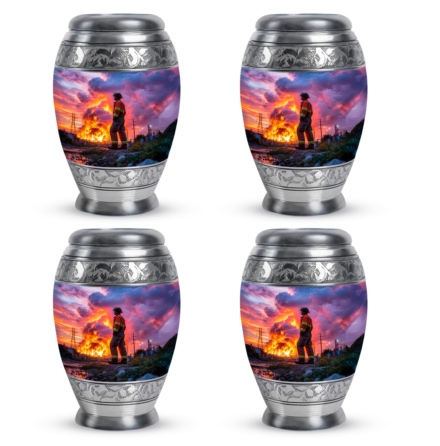 Dusty Blue Firefighter Cremation Urn urn with complimentary velvet bag - regal firefighter design with crown-inspired accents - 10 inch aluminum urn for cremated remains