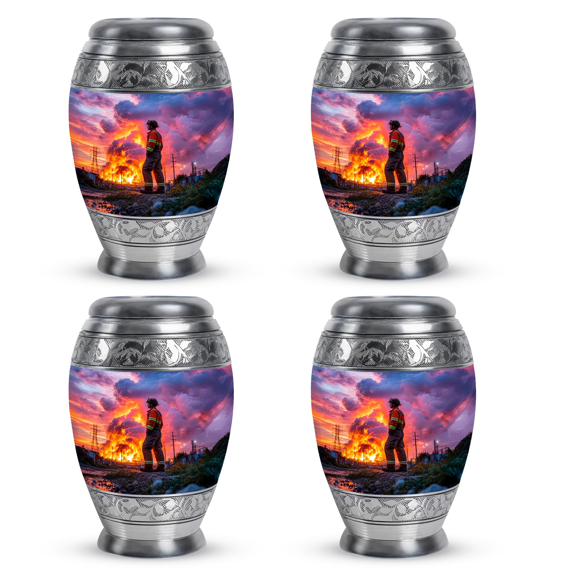 Dusty Blue Firefighter Cremation Urn urn with complimentary velvet bag - regal firefighter design with crown-inspired accents - 10 inch aluminum urn for cremated remains