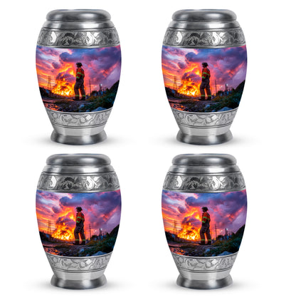 Dusty Blue Firefighter Cremation Urn urn with complimentary velvet bag - regal firefighter design with crown-inspired accents - 10 inch aluminum urn for cremated remains