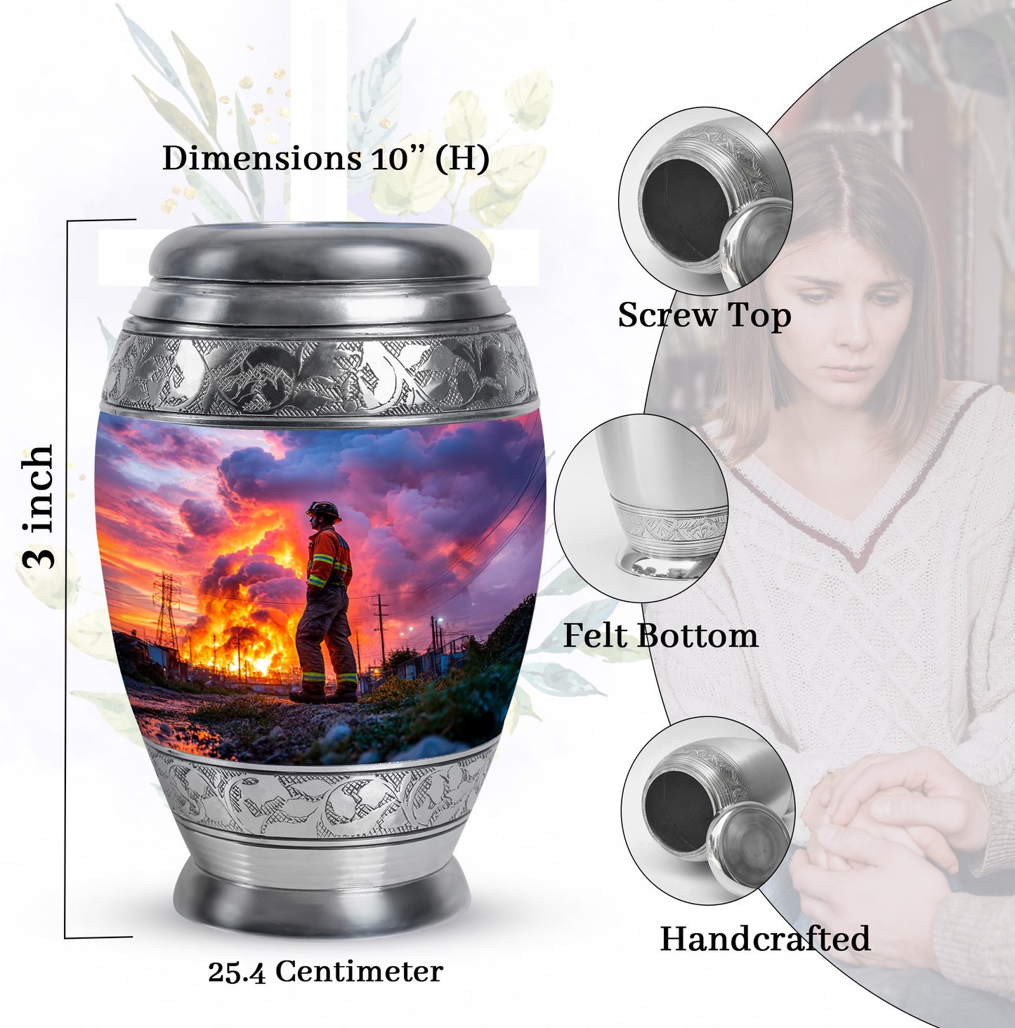 Navy Blue Firefighter Cremation Urn lifestyle display on memorial shelf - ornate monarch-style firefighter relief on brushed aluminum - mini keepsake memorial for portion of cremation ashes