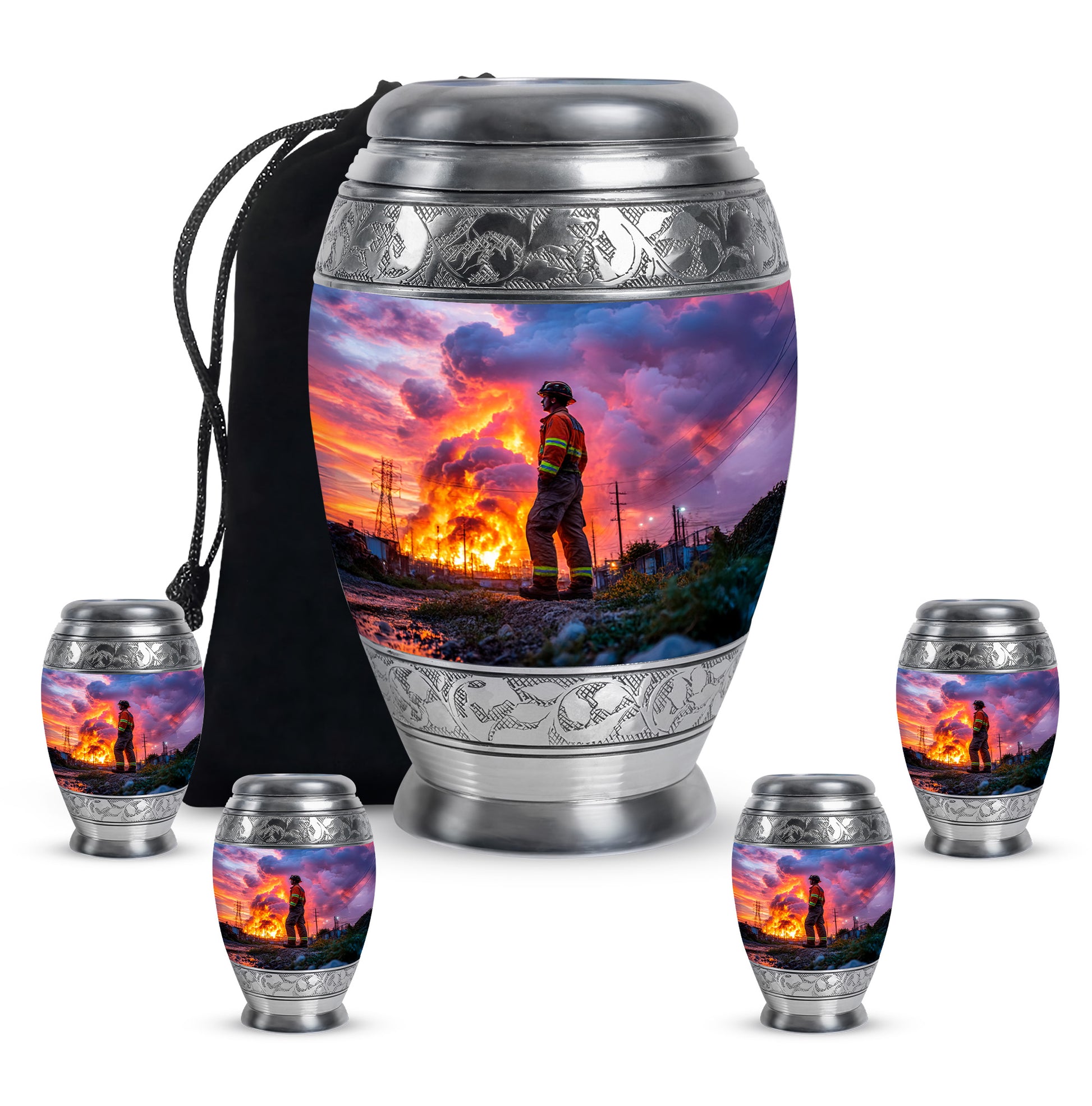 Azure Firefighter Cremation Urn detail view - regal firefighter design with crown-inspired accents - memorial set with one large and four small urns