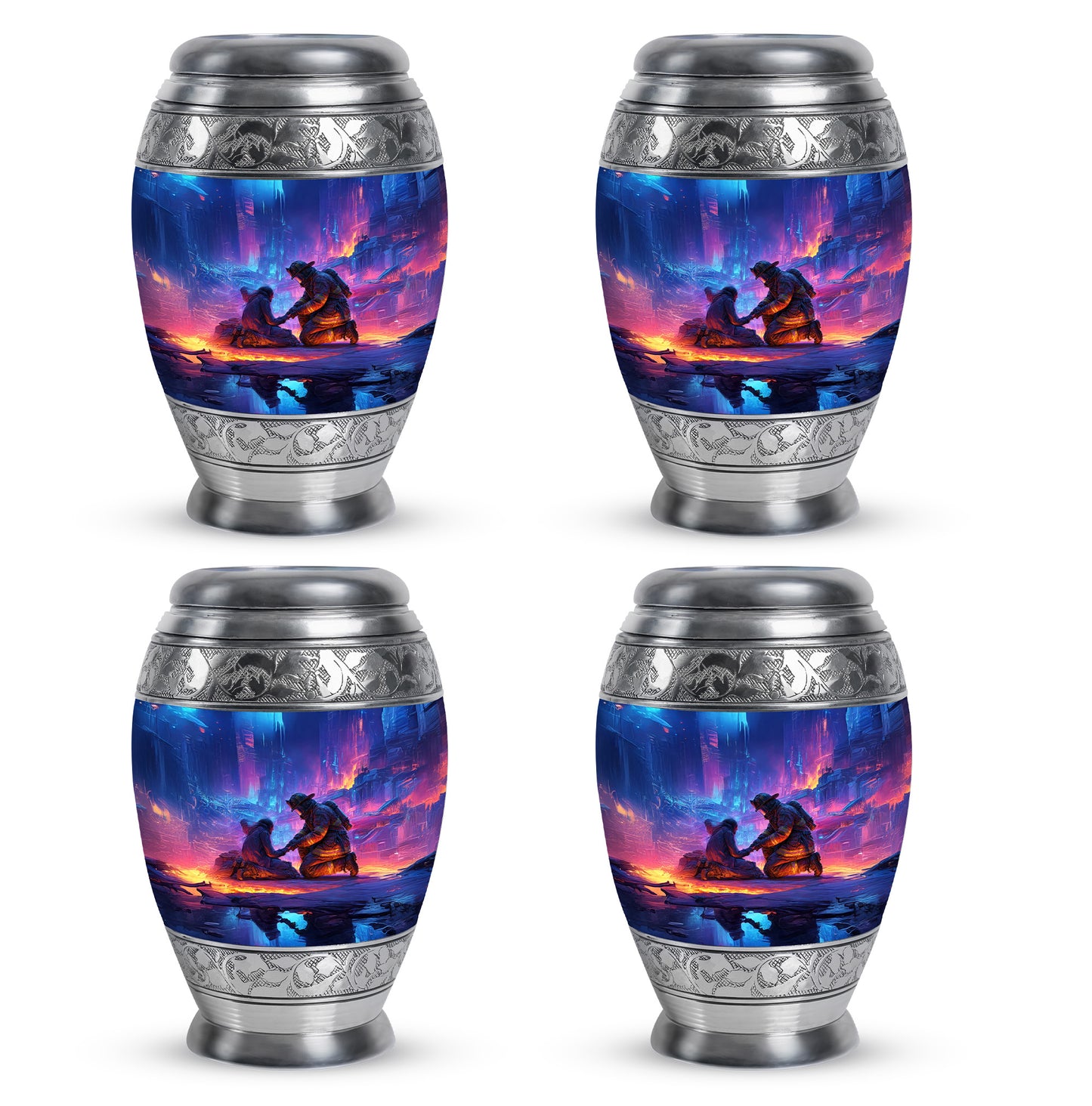 Dusty Blue Firefighter Cremation Urn urn with complimentary velvet bag - ornate monarch-style firefighter relief on brushed aluminum - 10 inch aluminum urn for cremated remains