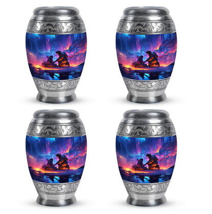 Dusty Blue Firefighter Cremation Urn urn with complimentary velvet bag - ornate monarch-style firefighter relief on brushed aluminum - 10 inch aluminum urn for cremated remains