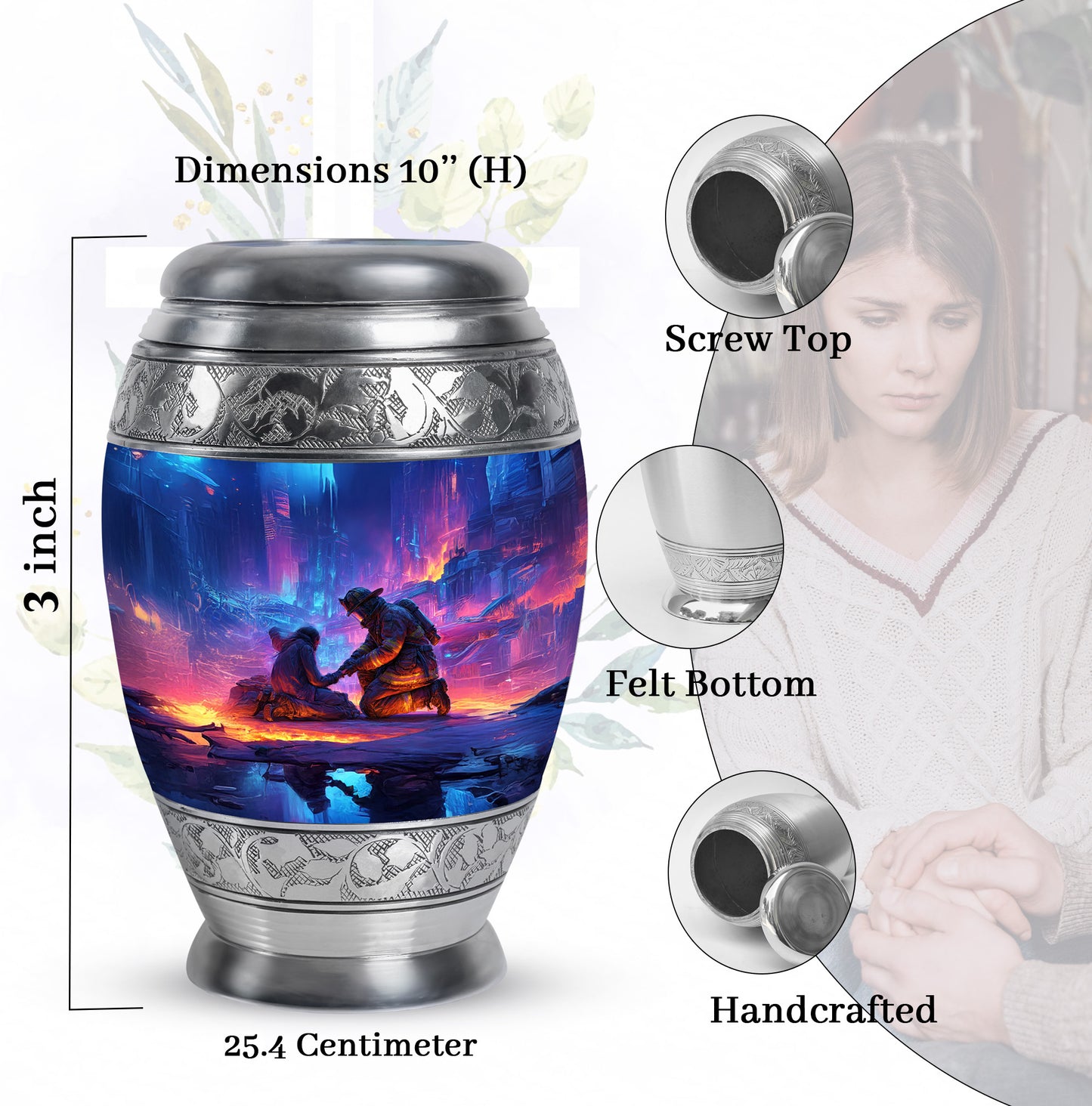 Cobalt Blue Firefighter Cremation Urn lifestyle display on memorial shelf - majestic firefighter pattern with filigree border - mini keepsake memorial for portion of cremation ashes