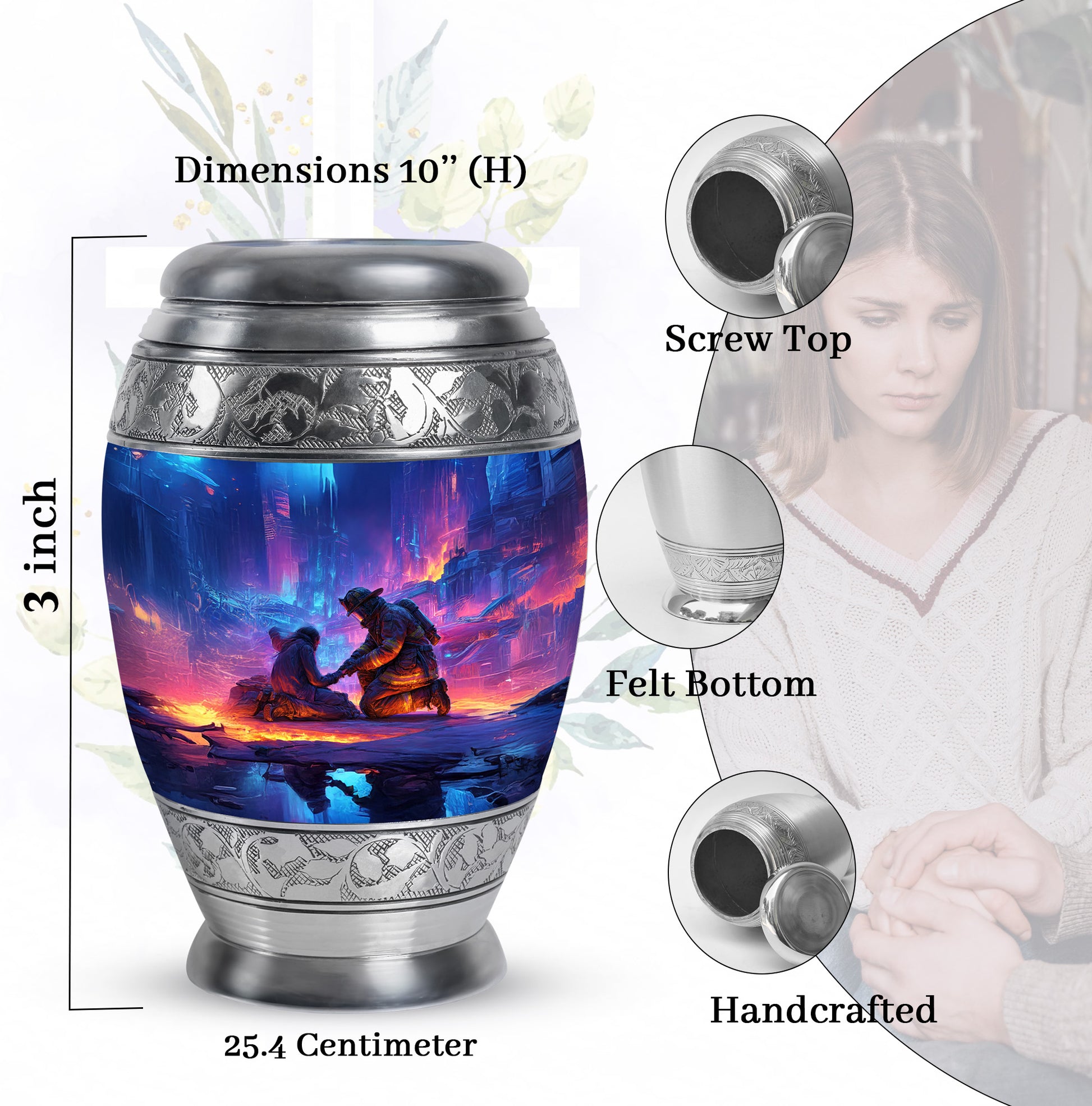 Cobalt Blue Firefighter Cremation Urn lifestyle display on memorial shelf - majestic firefighter pattern with filigree border - mini keepsake memorial for portion of cremation ashes
