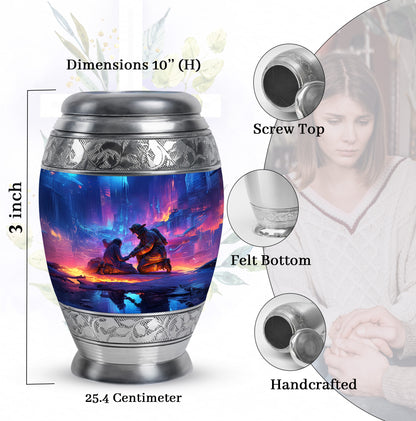 Cobalt Blue Firefighter Cremation Urn lifestyle display on memorial shelf - majestic firefighter pattern with filigree border - mini keepsake memorial for portion of cremation ashes