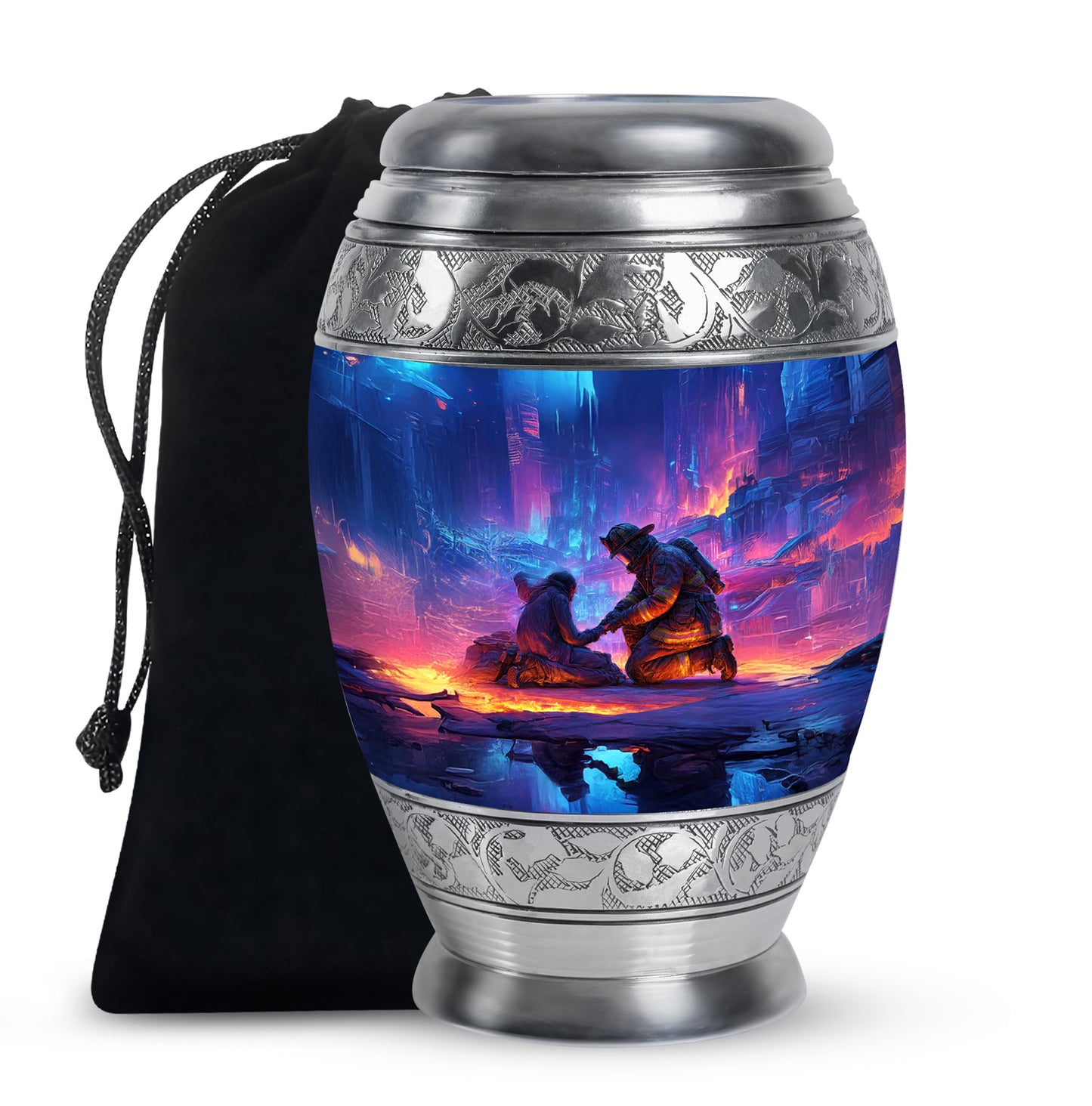 Slate Blue Firefighter Cremation Urn back view with polished surface - ornate monarch-style firefighter relief on brushed aluminum - full-size 10 inch 200 cubic inch adult cremation urn