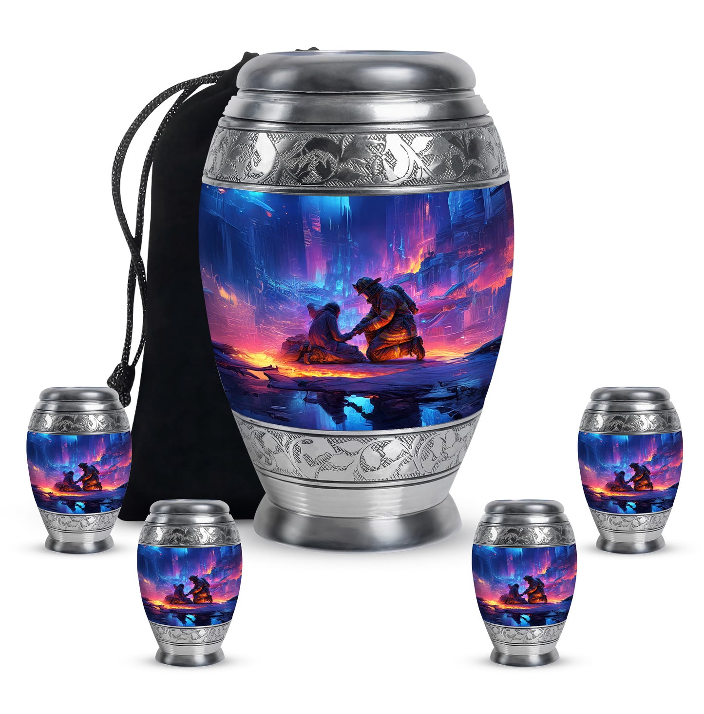 Calming Blue Firefighter Cremation Urn detail view - royal firefighter engraving with decorative scrollwork - memorial set with one large and four small urns
