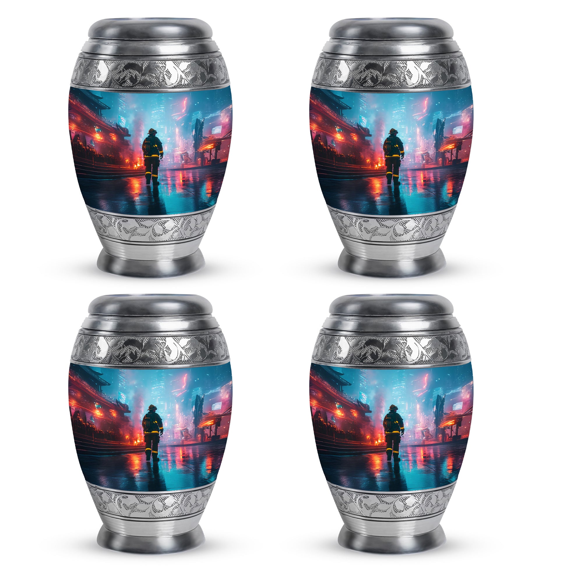 Sky Blue Firefighter Cremation Urn urn with complimentary velvet bag - regal firefighter design with crown-inspired accents - 10 inch aluminum urn for cremated remains