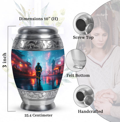 Indigo Firefighter Cremation Urn lifestyle display on memorial shelf - ornate monarch-style firefighter relief on brushed aluminum - mini keepsake memorial for portion of cremation ashes