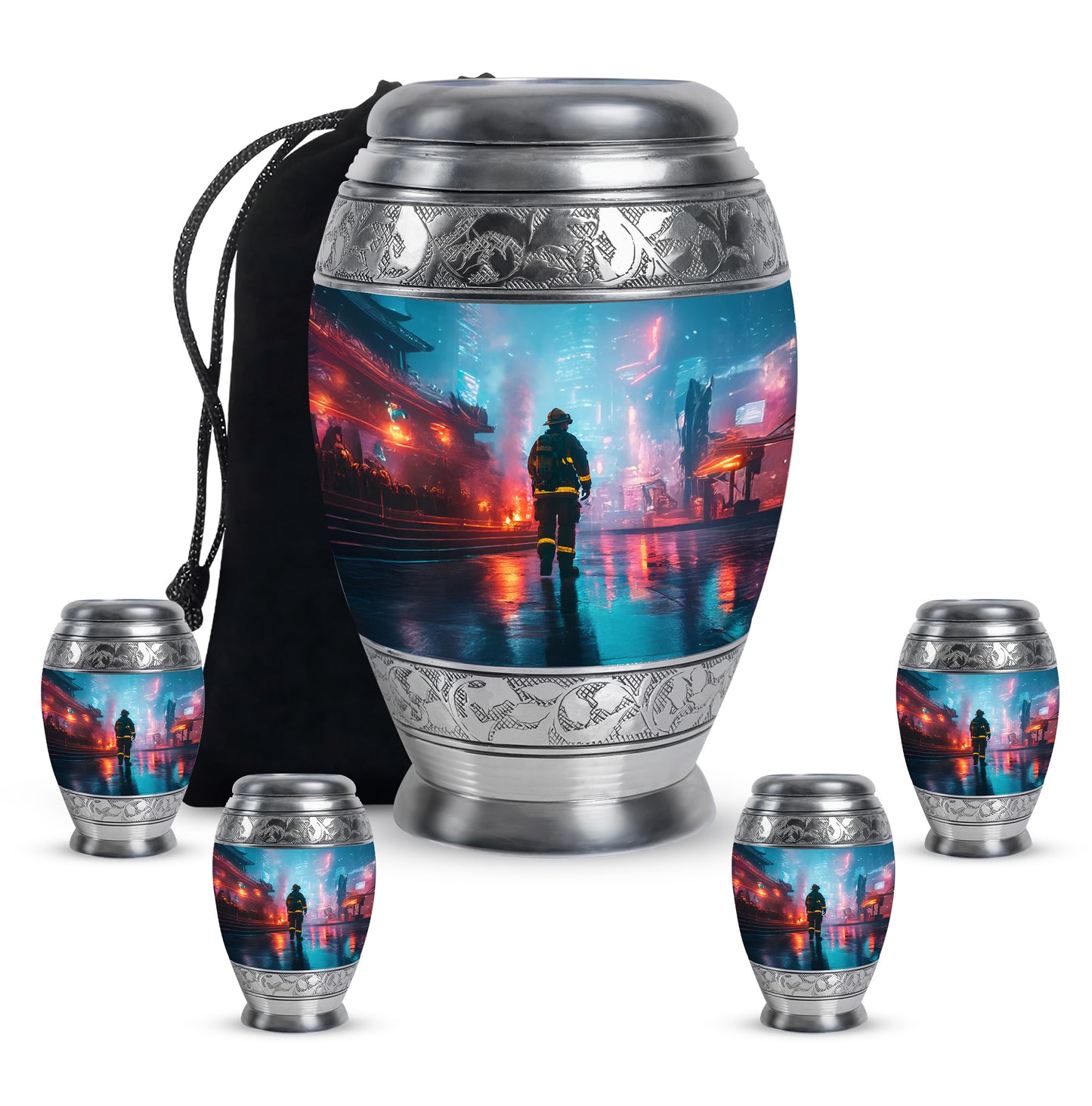 Soft Blue Firefighter Cremation Urn detail view - majestic firefighter pattern with filigree border - memorial set with one large and four small urns