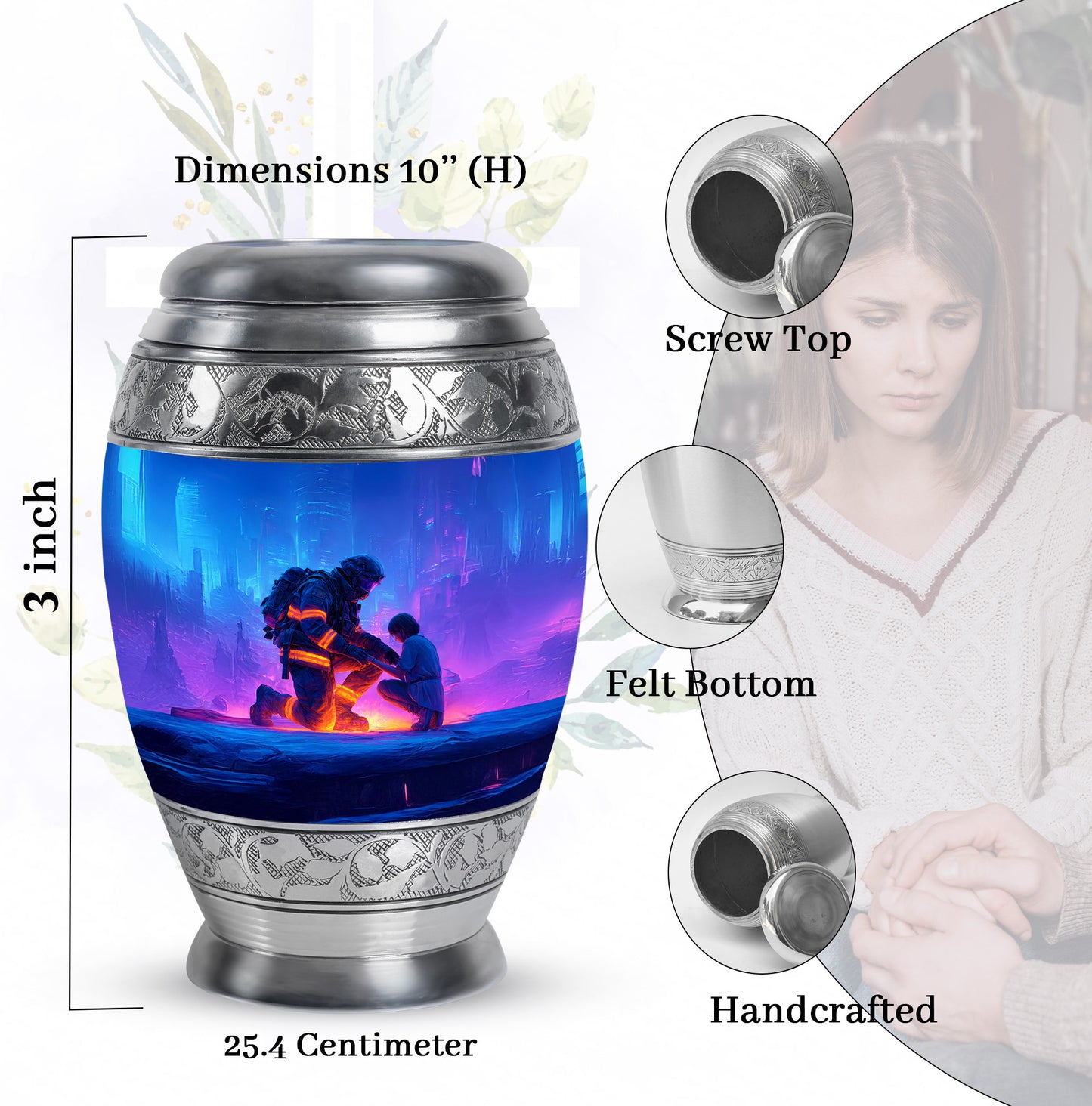 Icy Blue Firefighter Cremation Urn lifestyle display on memorial shelf - ornate monarch-style firefighter relief on brushed aluminum - mini keepsake memorial for portion of cremation ashes