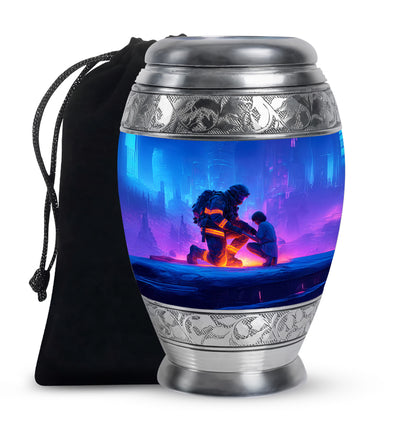 Sapphire Blue Firefighter Cremation Urn back view with polished surface - royal firefighter engraving with decorative scrollwork - full-size 10 inch 200 cubic inch adult cremation urn