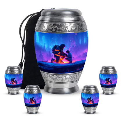 Twilight Blue Firefighter Cremation Urn detail view - royal firefighter engraving with decorative scrollwork - memorial set with one large and four small urns
