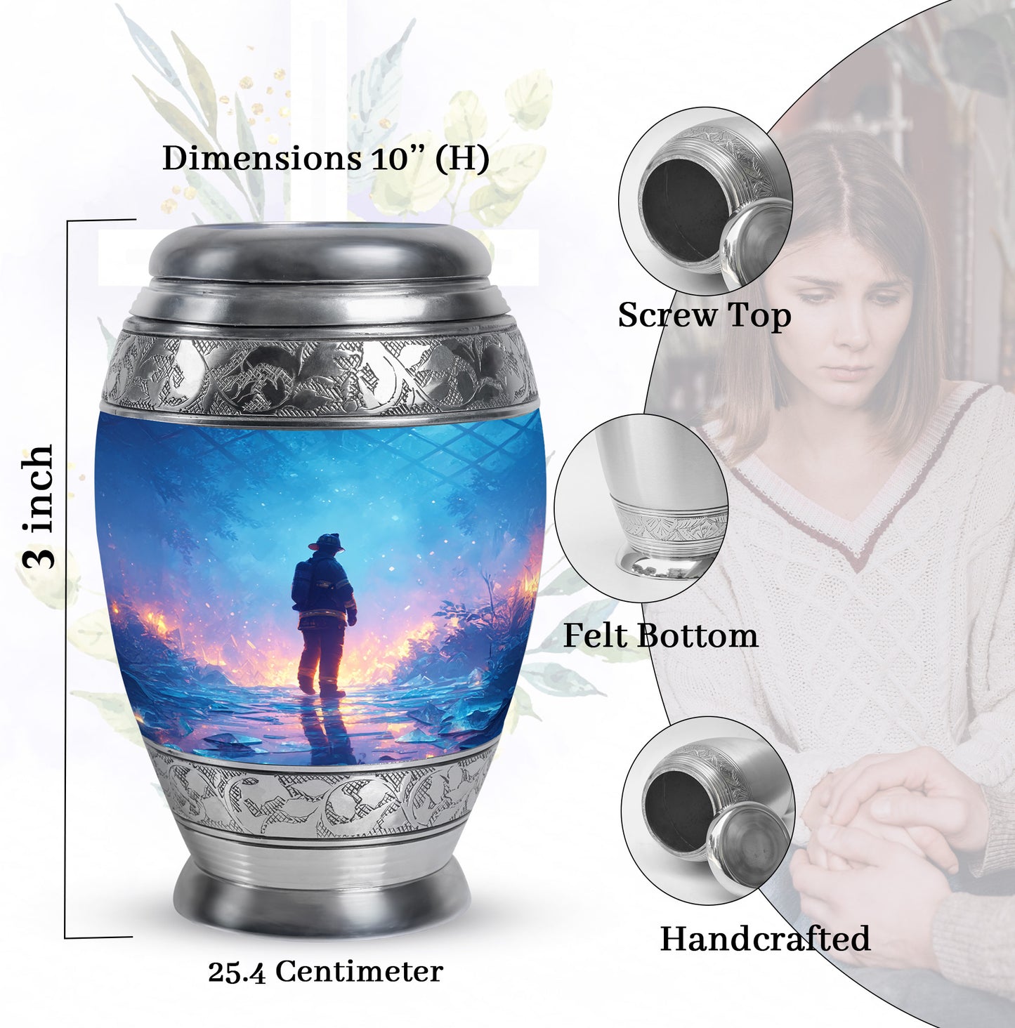 Serene Blue Firefighter Cremation Urn lifestyle display on memorial shelf - royal firefighter engraving with decorative scrollwork - mini keepsake memorial for portion of cremation ashes