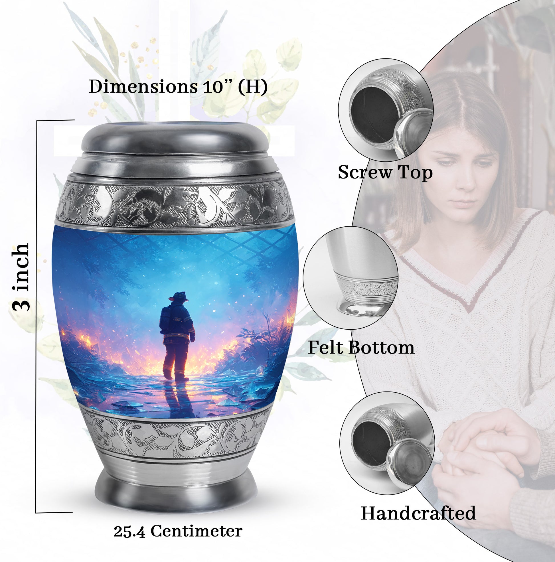 Serene Blue Firefighter Cremation Urn lifestyle display on memorial shelf - royal firefighter engraving with decorative scrollwork - mini keepsake memorial for portion of cremation ashes