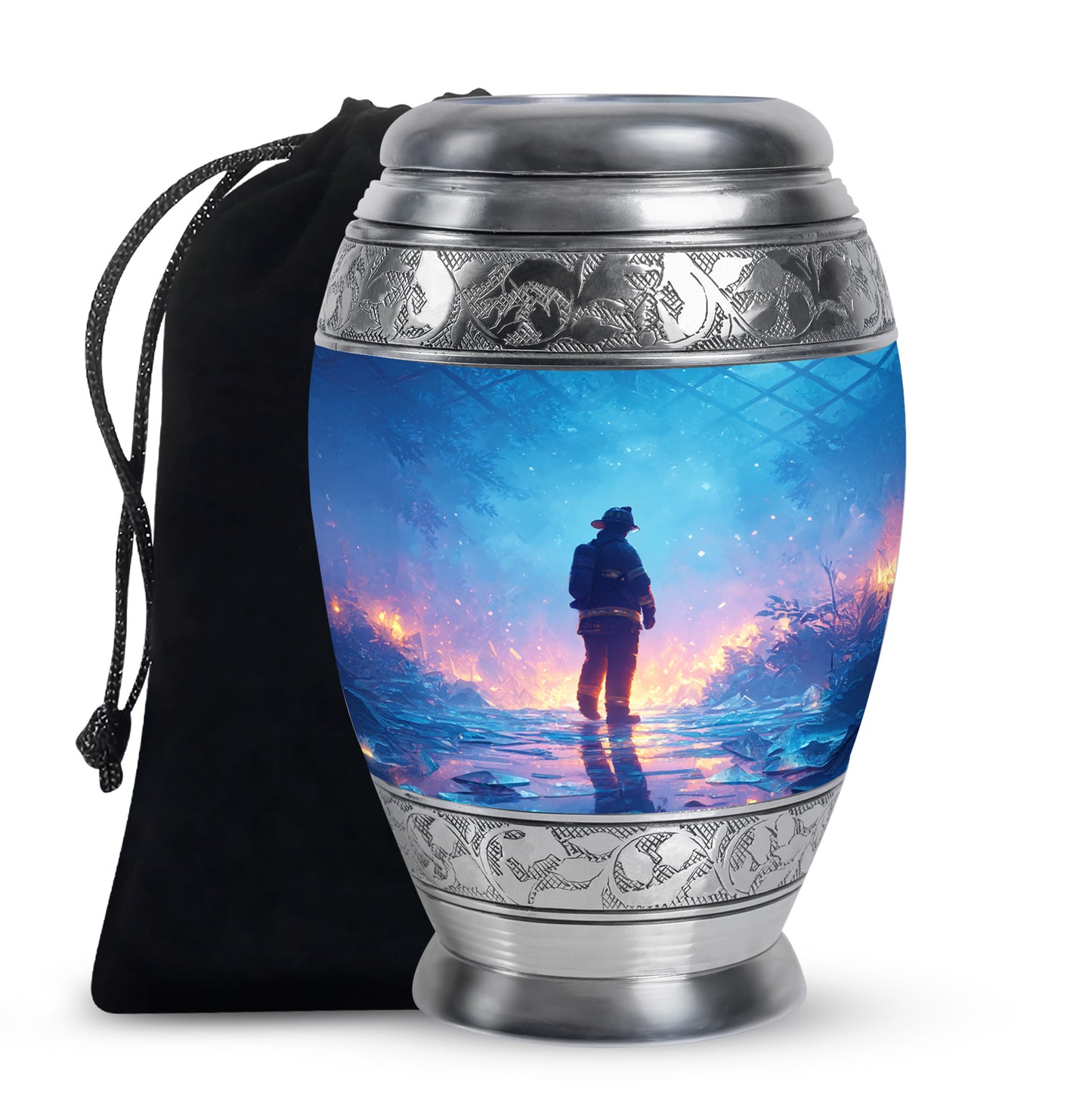 Cornflower Blue Firefighter Cremation Urn back view with polished surface - majestic firefighter pattern with filigree border - full-size 10 inch 200 cubic inch adult cremation urn