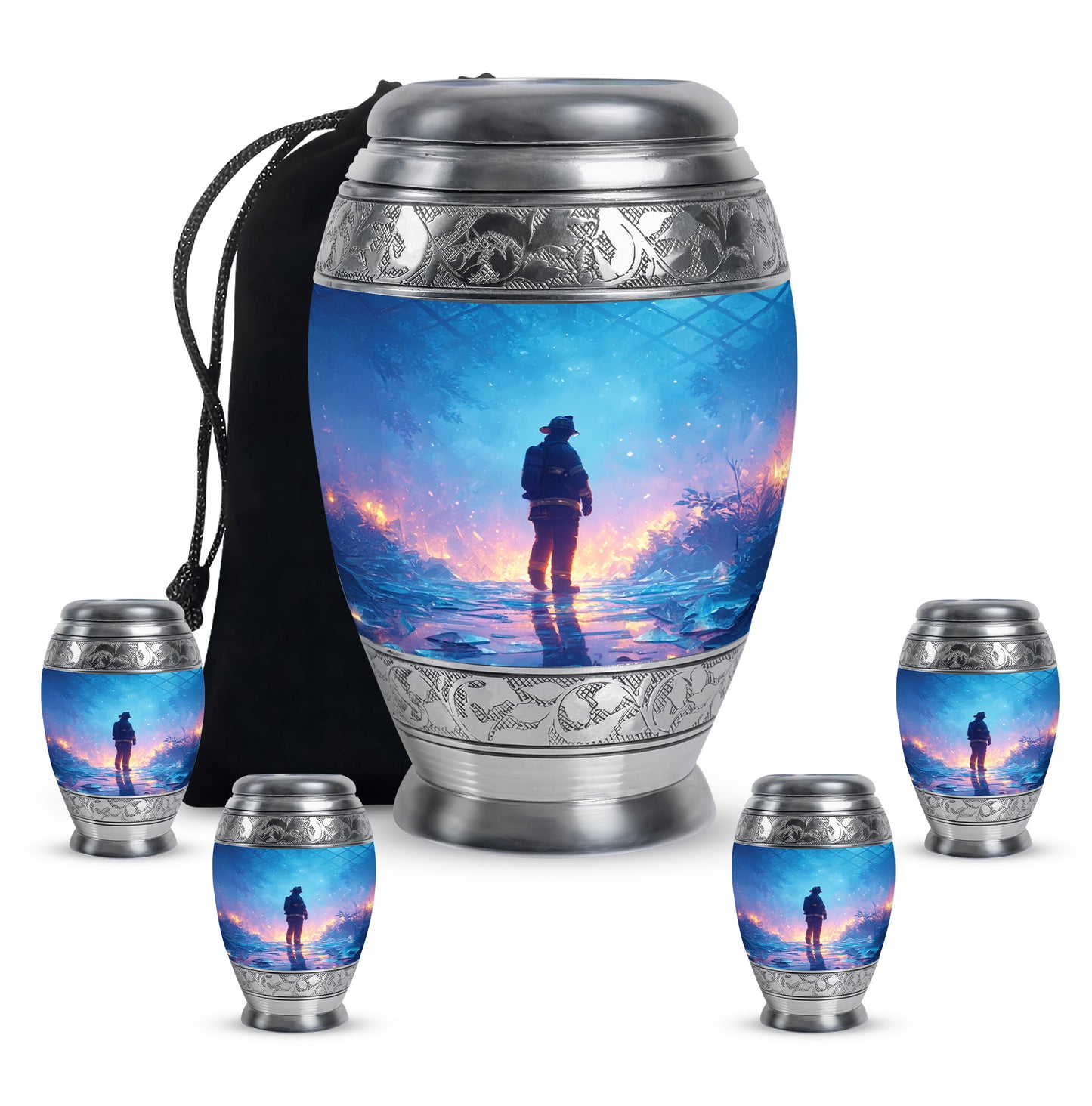Icy Blue Firefighter Cremation Urn detail view - regal firefighter design with crown-inspired accents - memorial set with one large and four small urns