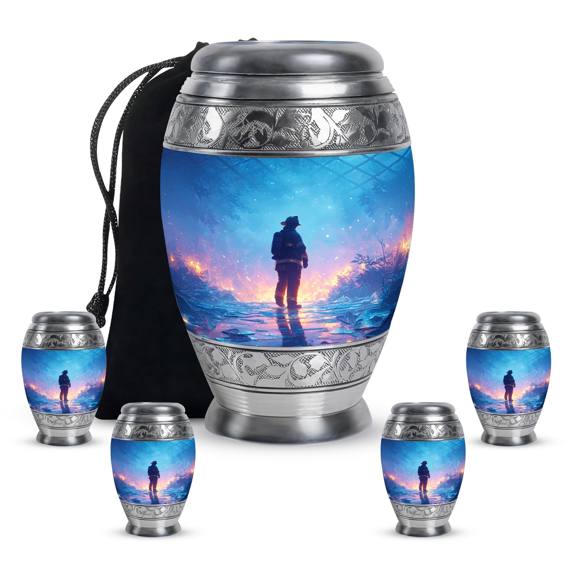 Icy Blue Firefighter Cremation Urn detail view - regal firefighter design with crown-inspired accents - memorial set with one large and four small urns