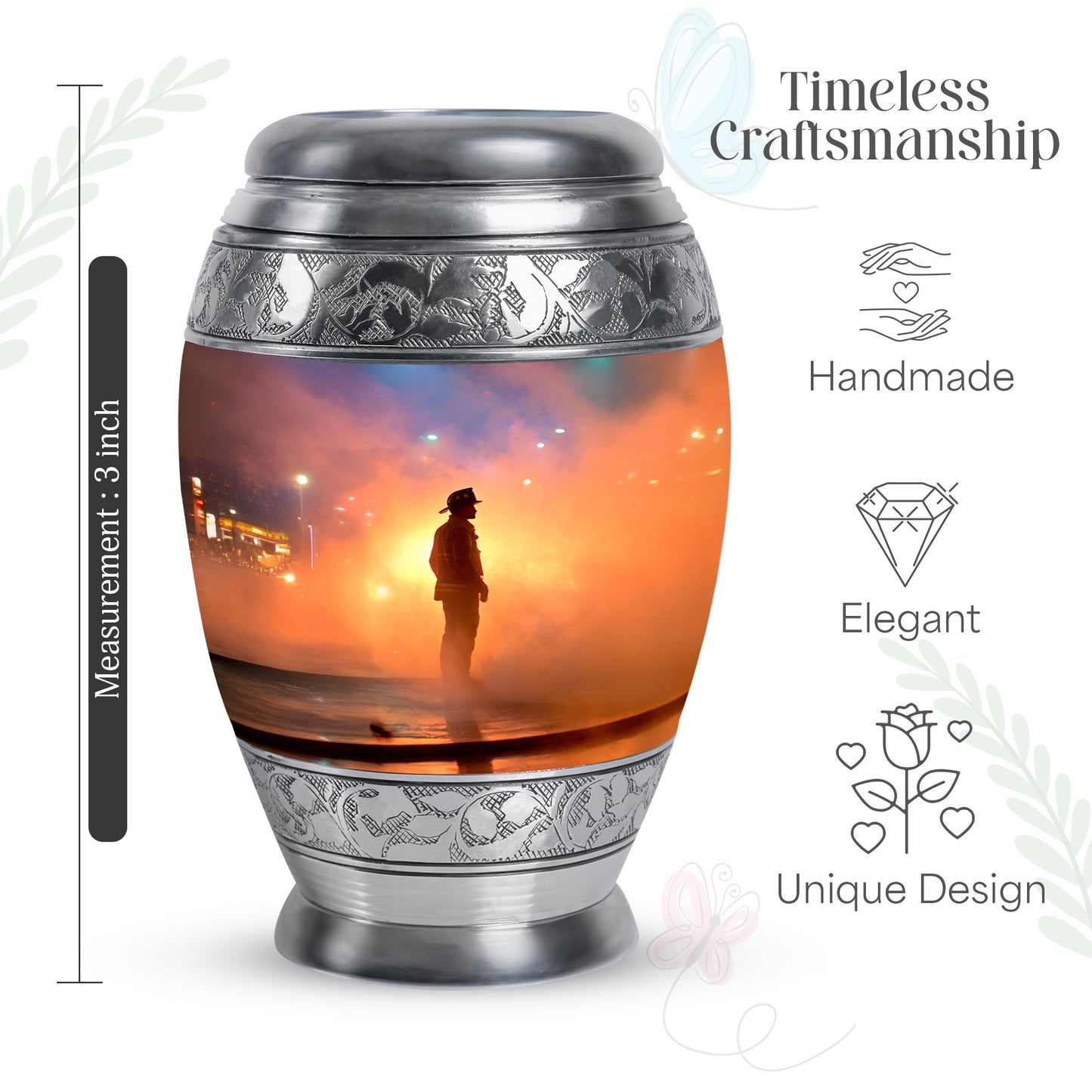 Rose Pink Firefighter Cremation Urn lifestyle display on memorial shelf - regal firefighter design with crown-inspired accents - mini keepsake memorial for portion of cremation ashes