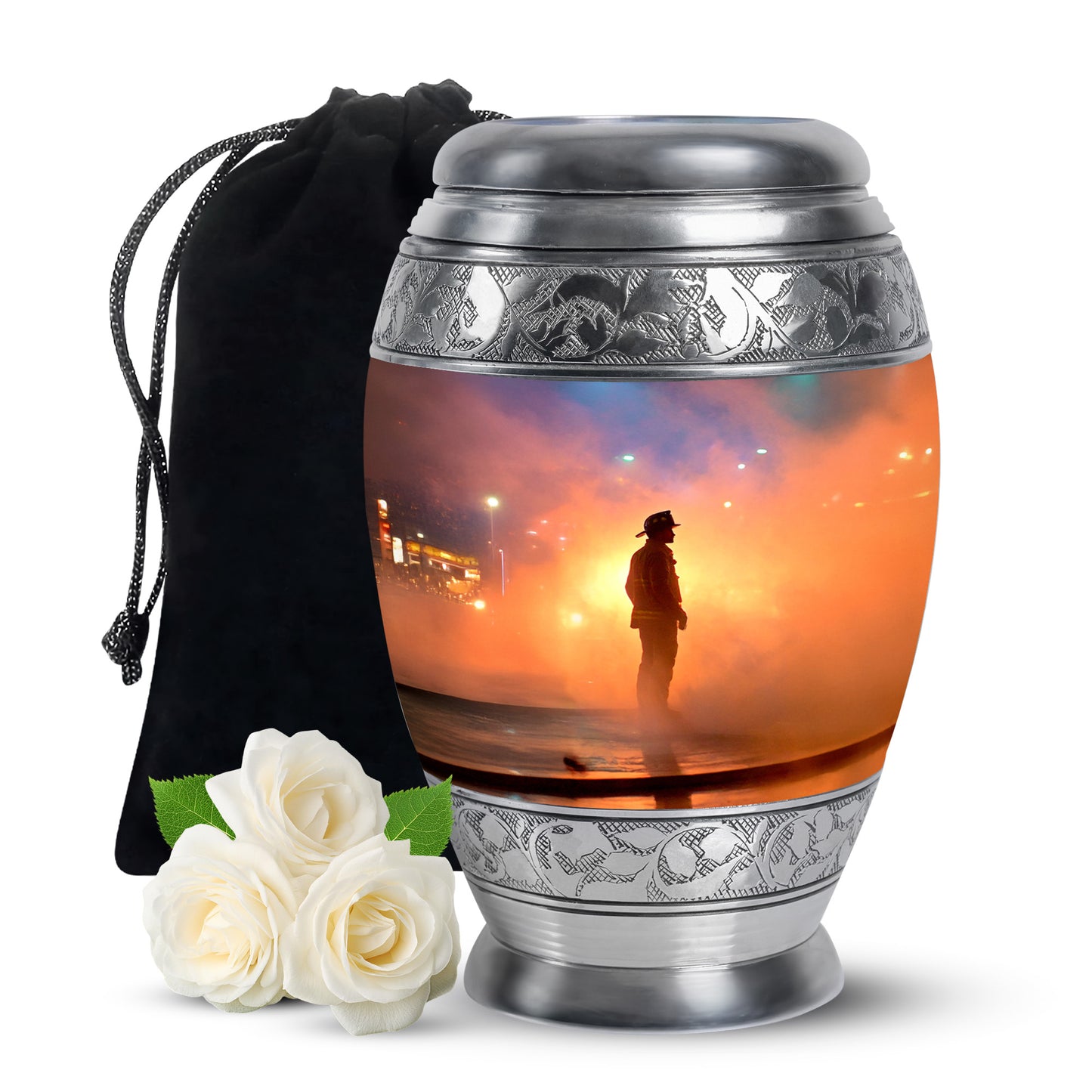 Dusty Pink Firefighter Cremation Urn back view with polished surface - royal firefighter engraving with decorative scrollwork - full-size 10 inch 200 cubic inch adult cremation urn