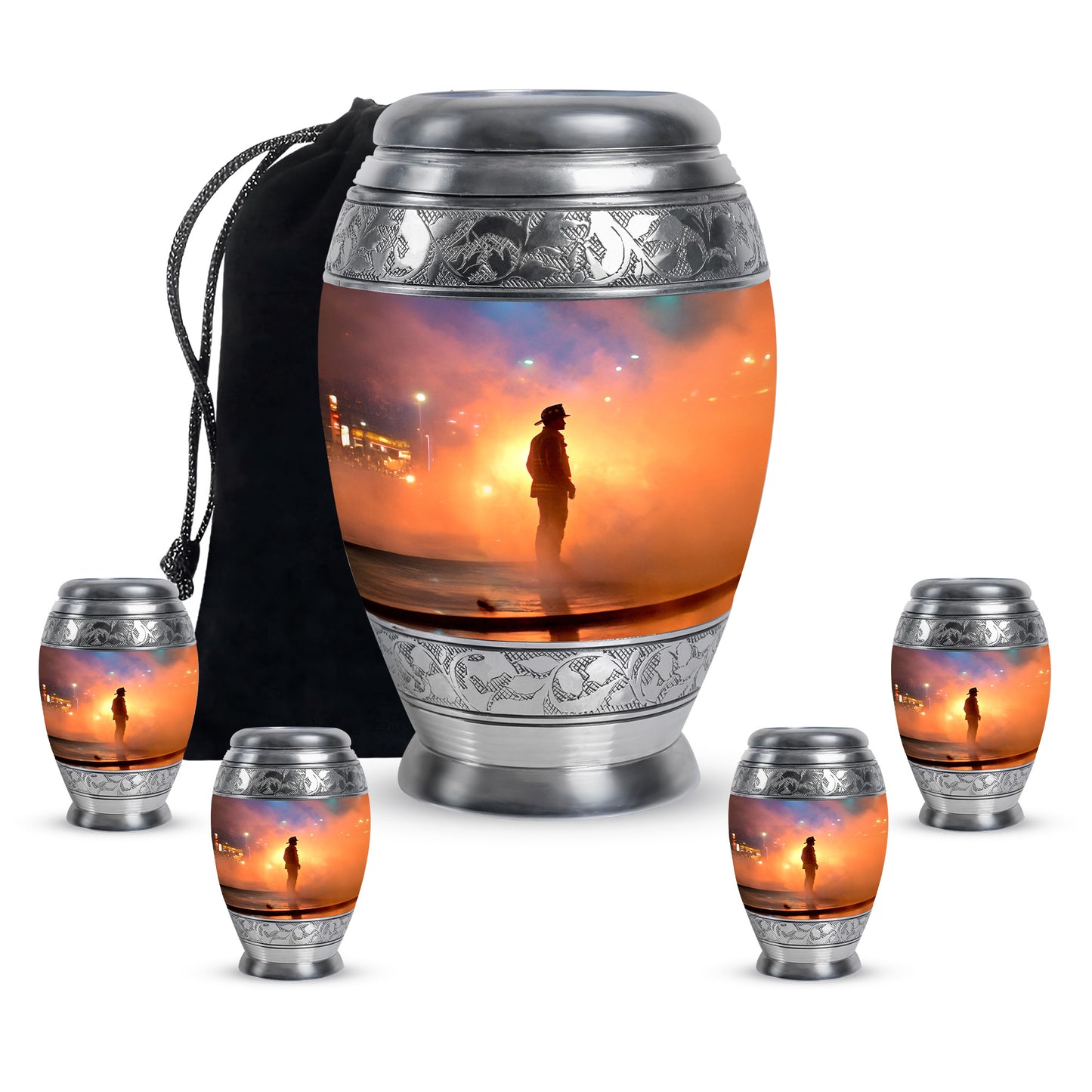 Petal Pink Firefighter Cremation Urn detail view - majestic firefighter pattern with filigree border - memorial set with one large and four small urns