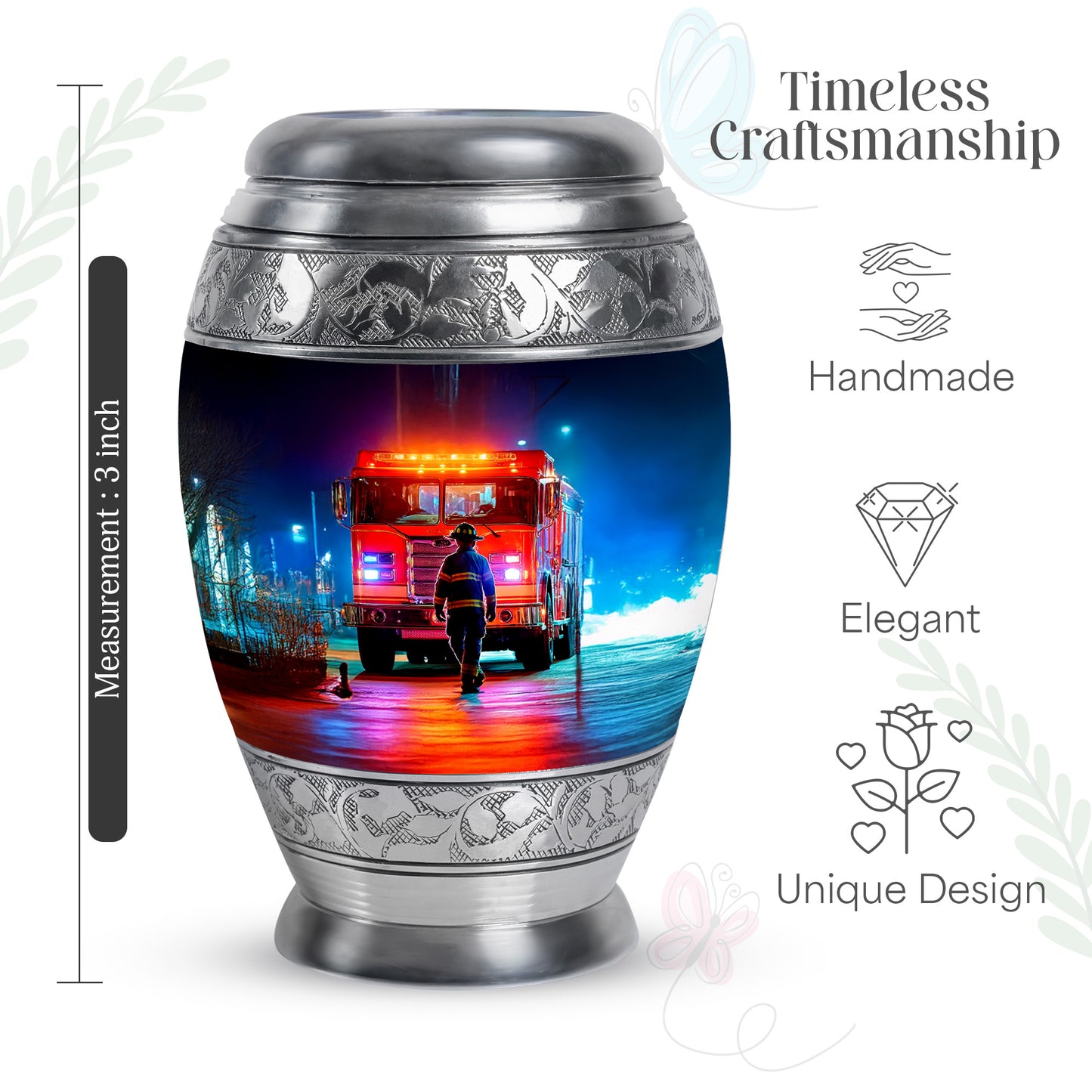 Onyx Black Firefighter Cremation Urn lifestyle display on memorial shelf - royal firefighter engraving with decorative scrollwork - mini keepsake memorial for portion of cremation ashes