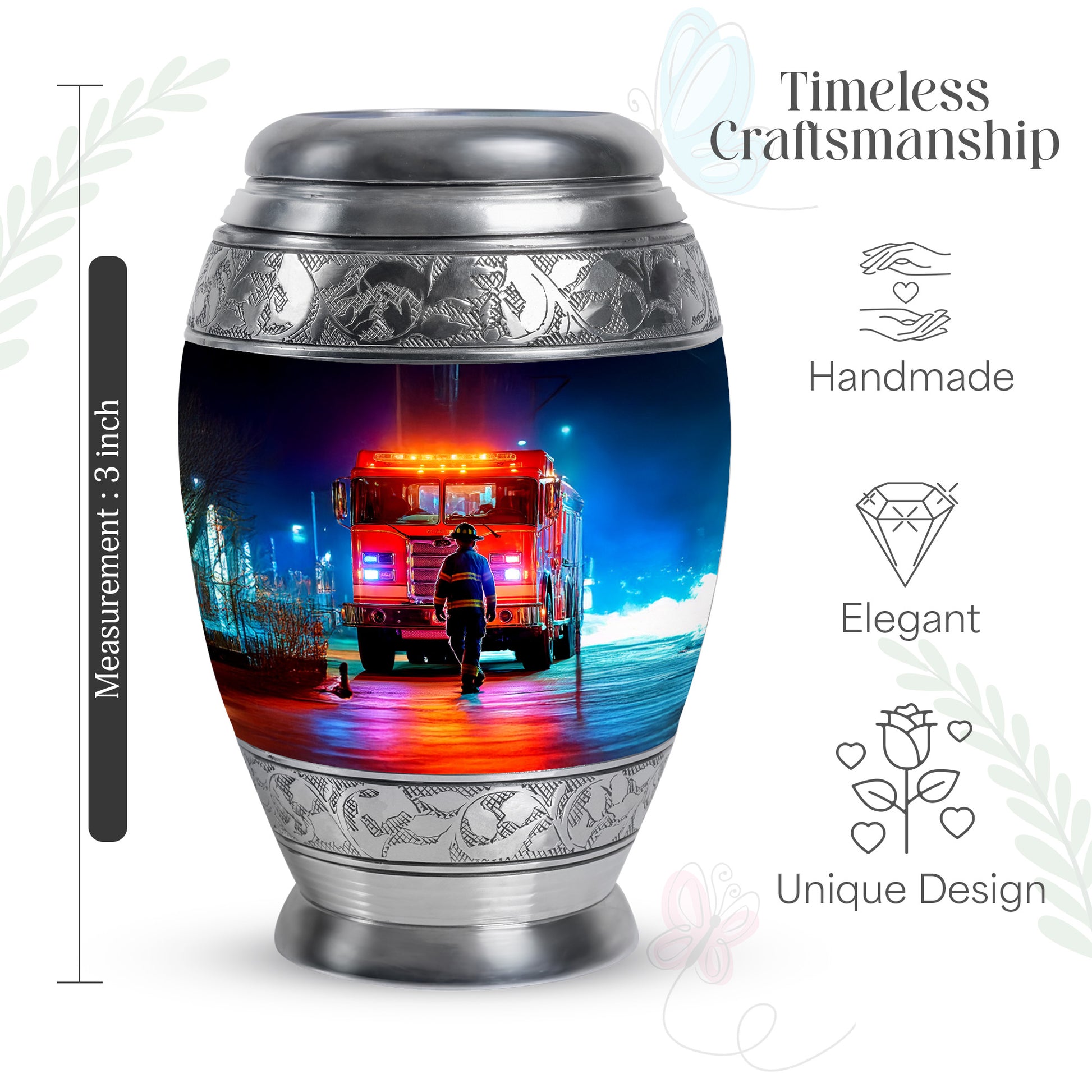 Onyx Black Firefighter Cremation Urn lifestyle display on memorial shelf - royal firefighter engraving with decorative scrollwork - mini keepsake memorial for portion of cremation ashes