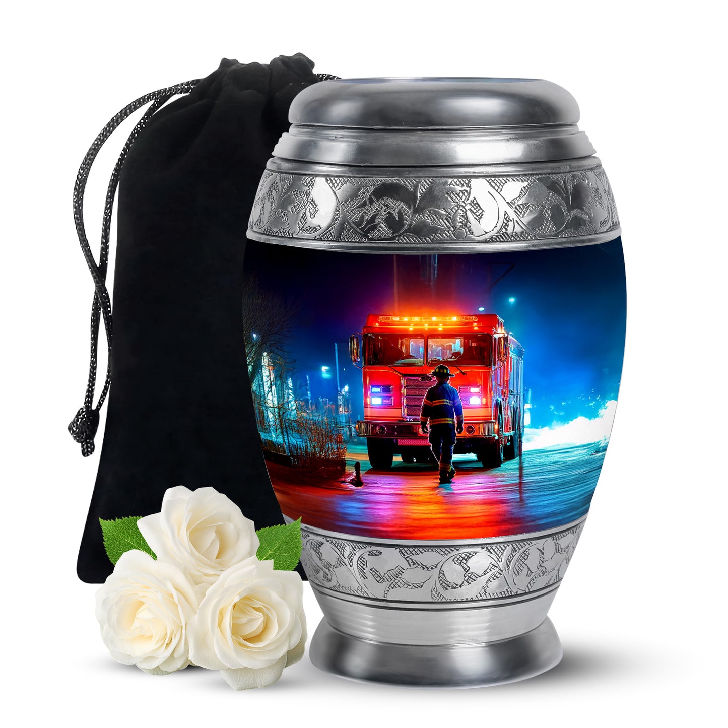 Onyx Black Firefighter Cremation Urn back view with polished surface - royal firefighter engraving with decorative scrollwork - full-size 10 inch 200 cubic inch adult cremation urn