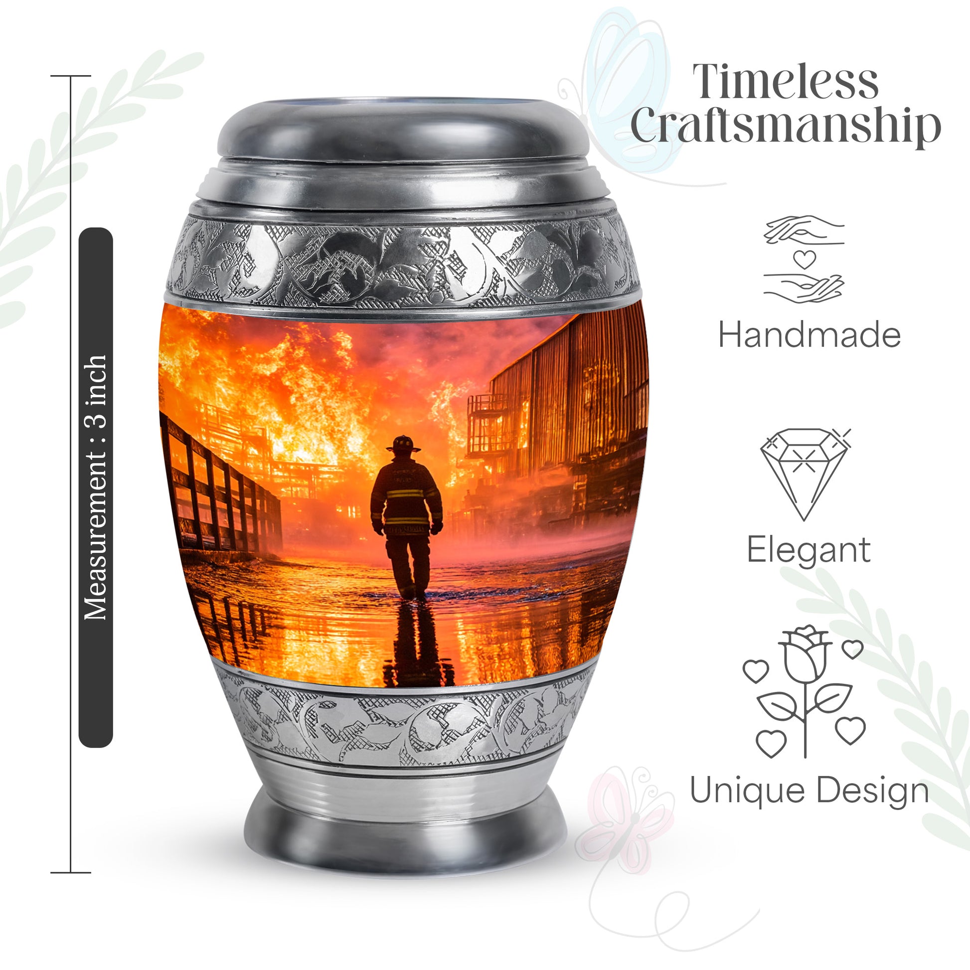 Rich Red Firefighter Cremation Urn lifestyle display on memorial shelf - majestic firefighter pattern with filigree border - mini keepsake memorial for portion of cremation ashes