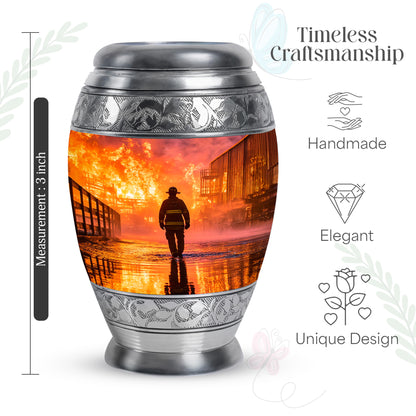 Rich Red Firefighter Cremation Urn lifestyle display on memorial shelf - majestic firefighter pattern with filigree border - mini keepsake memorial for portion of cremation ashes