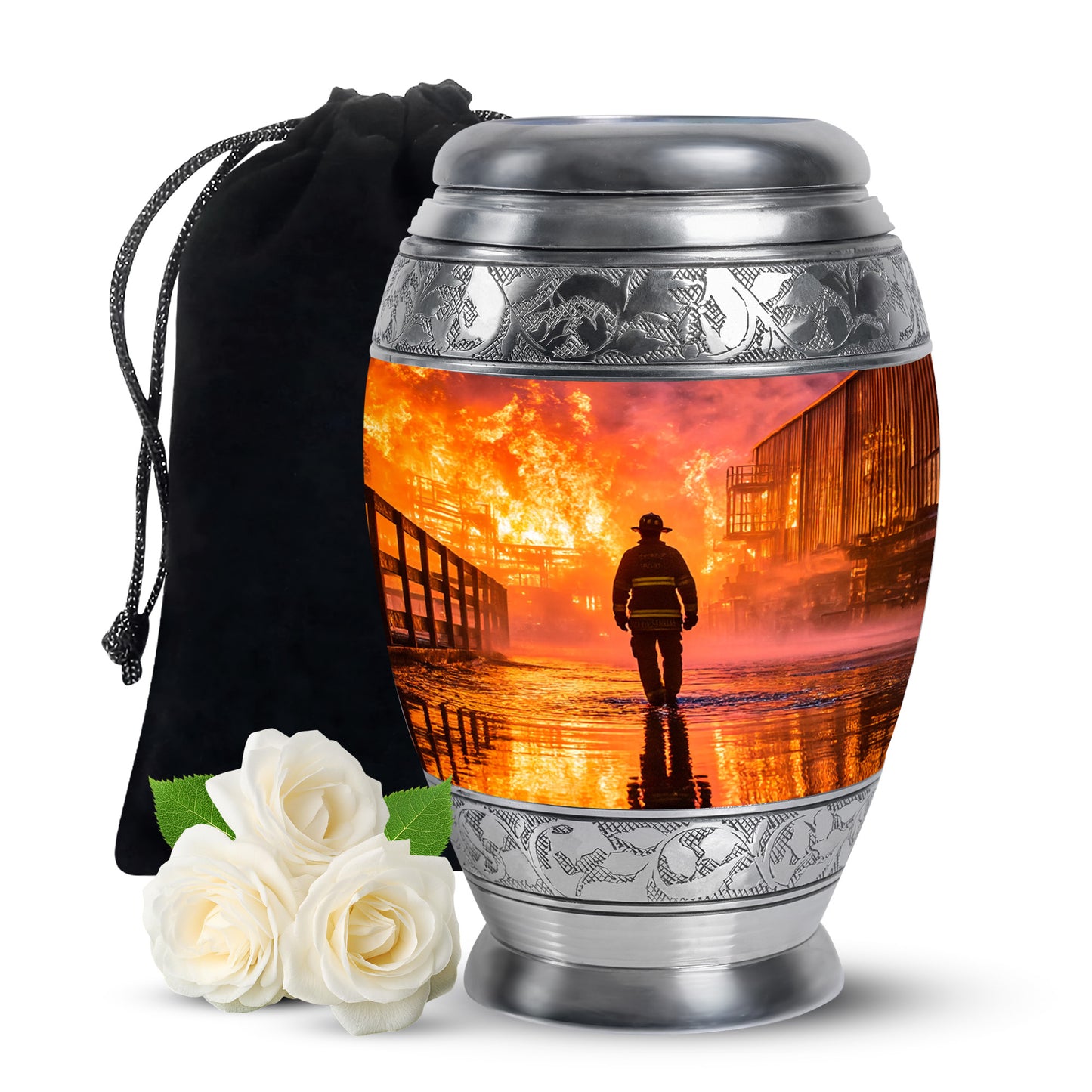 Wine Red Firefighter Cremation Urn back view with polished surface - regal firefighter design with crown-inspired accents - full-size 10 inch 200 cubic inch adult cremation urn
