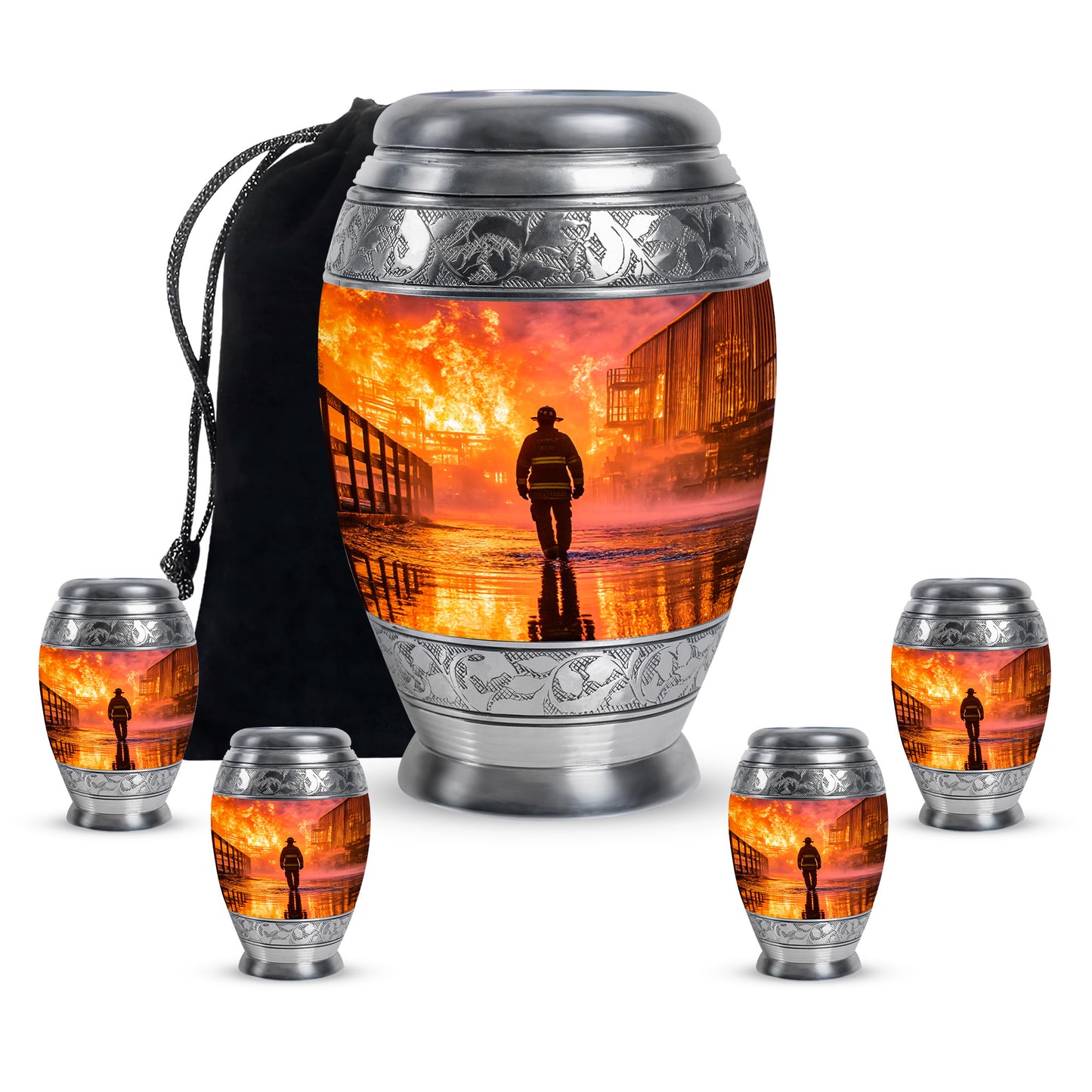 Burgundy Red Firefighter Cremation Urn detail view - regal firefighter design with crown-inspired accents - memorial set with one large and four small urns