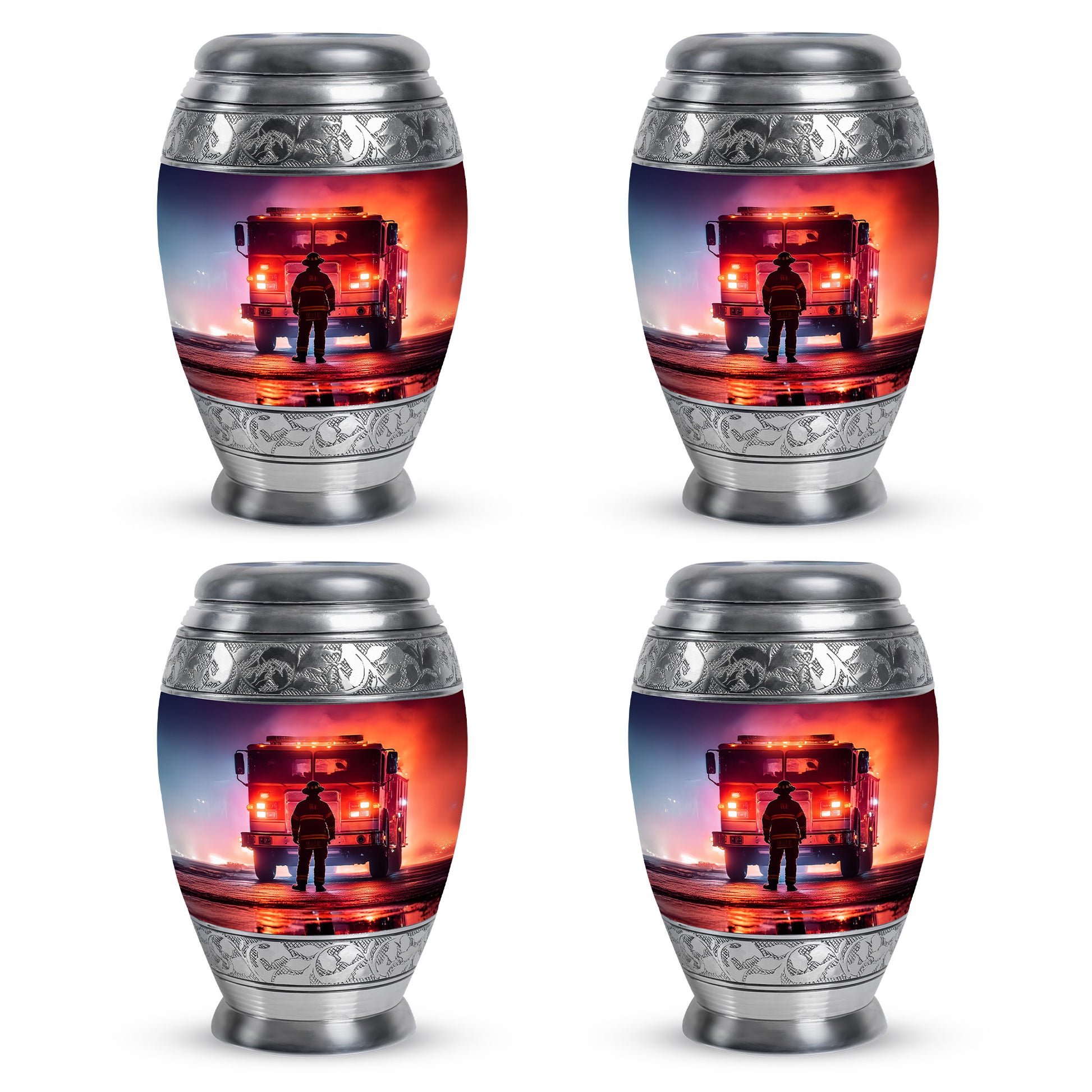 Deep Purple Firefighter Cremation Urn urn with complimentary velvet bag - regal firefighter design with crown-inspired accents - 10 inch aluminum urn for cremated remains