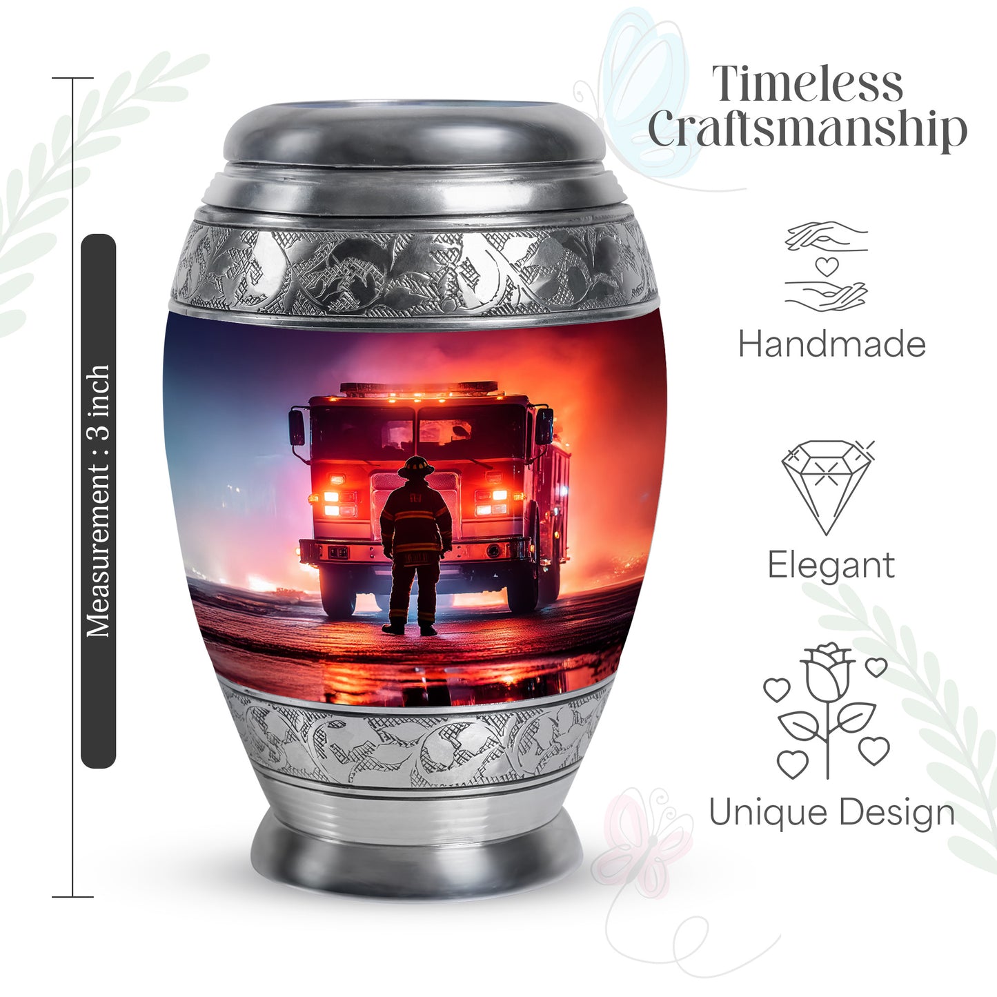 Majestic Purple Firefighter Cremation Urn lifestyle display on memorial shelf - ornate monarch-style firefighter relief on brushed aluminum - mini keepsake memorial for portion of cremation ashes