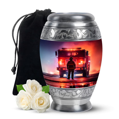 Deep Purple Firefighter Cremation Urn back view with polished surface - regal firefighter design with crown-inspired accents - full-size 10 inch 200 cubic inch adult cremation urn