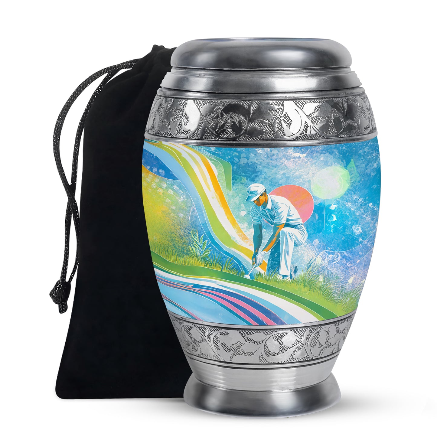 Soft Blue Golf Cremation Urn back view with polished surface - majestic golf pattern with filigree border - full-size 10 inch 200 cubic inch adult cremation urn