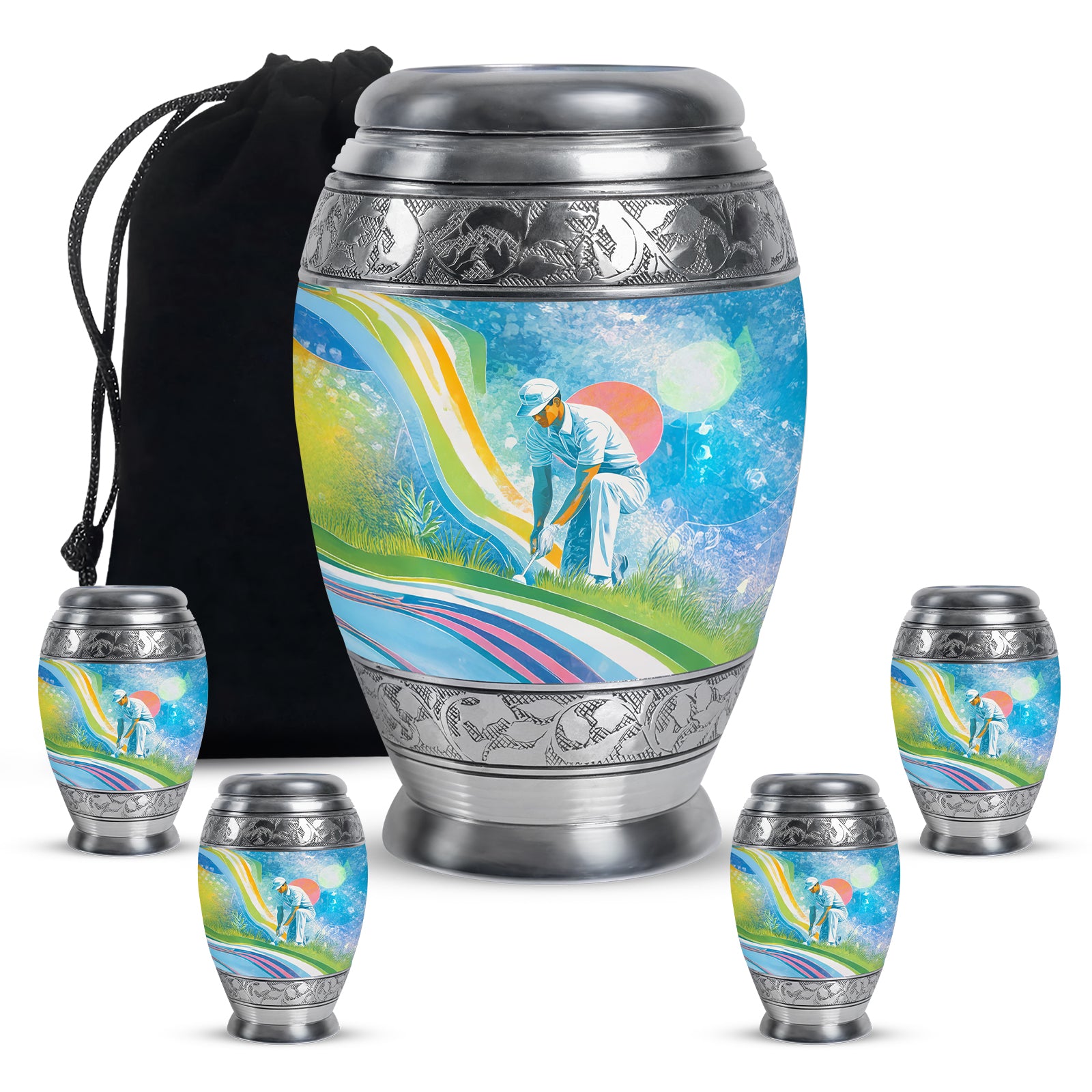 Azure Golf Cremation Urn detail view - regal golf design with crown-inspired accents - memorial set with one large and four small urns