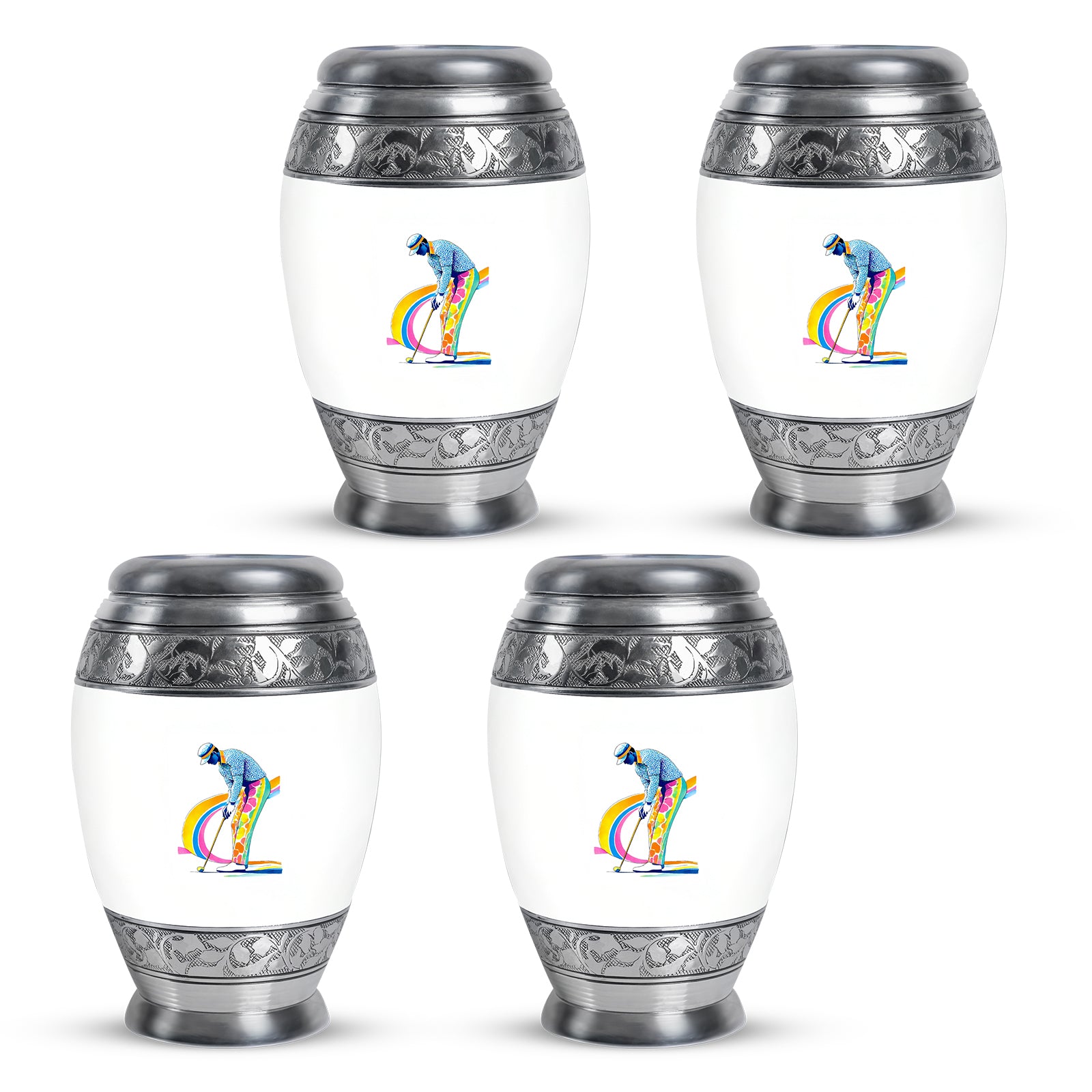 Pearl White Golf Cremation Urn urn with complimentary velvet bag - royal golf engraving with decorative scrollwork - 10 inch aluminum urn for cremated remains