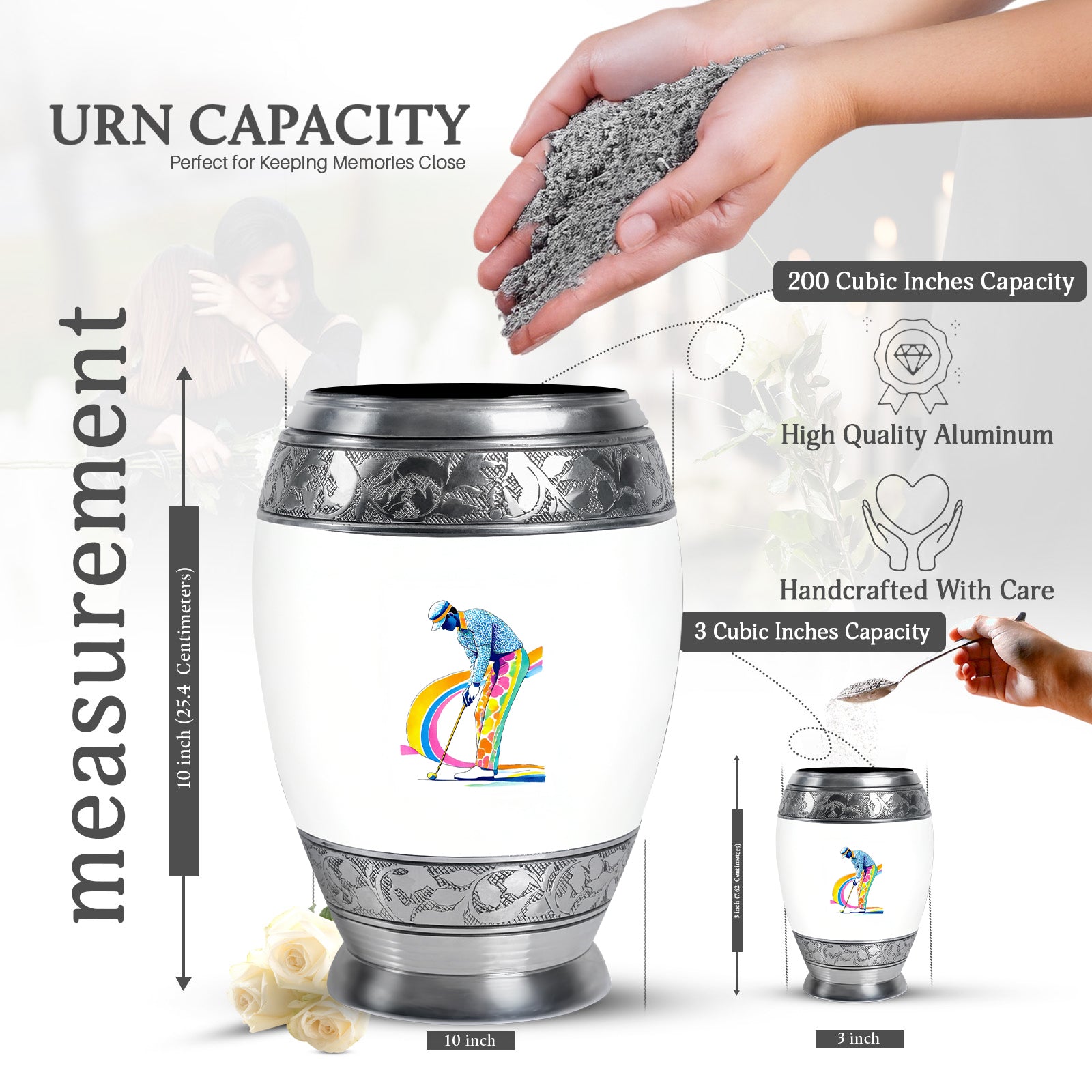 Cloud White Golf Cremation Urn lifestyle display on memorial shelf - royal golf engraving with decorative scrollwork - mini keepsake memorial for portion of cremation ashes