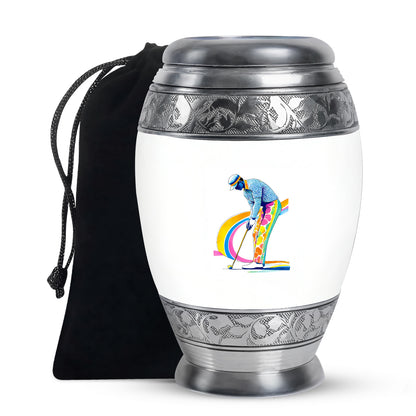 Alabaster White Golf Cremation Urn back view with polished surface - ornate monarch-style golf relief on brushed aluminum - full-size 10 inch 200 cubic inch adult cremation urn