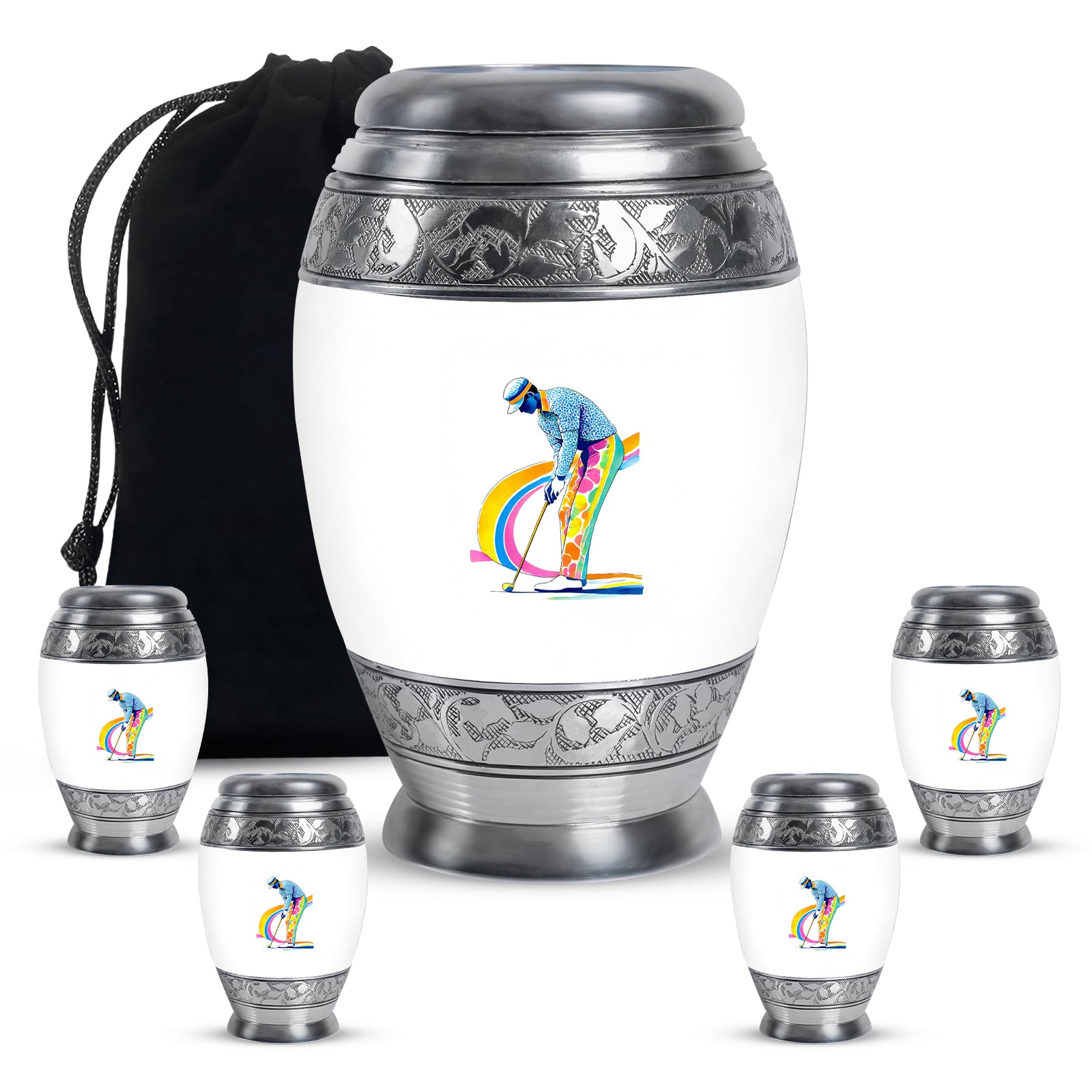 Cream White Golf Cremation Urn detail view - royal golf engraving with decorative scrollwork - memorial set with one large and four small urns