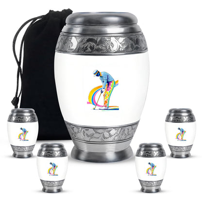 Cream White Golf Cremation Urn detail view - royal golf engraving with decorative scrollwork - memorial set with one large and four small urns